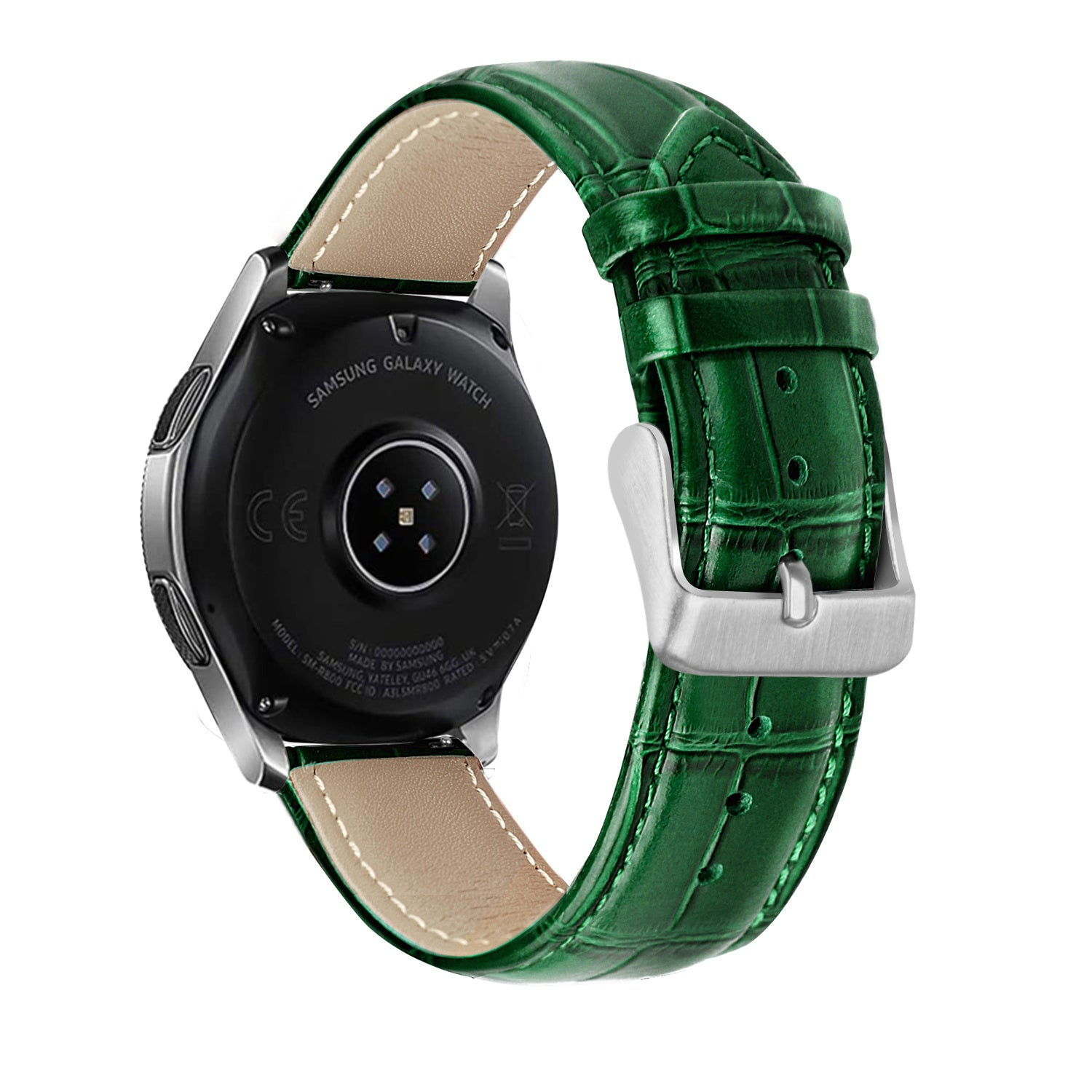 Eine Samsung Galaxy Watch mit einem grünen Lederarmband und einer silbernen Schnalle. Das Zifferblatt ist schwarz.