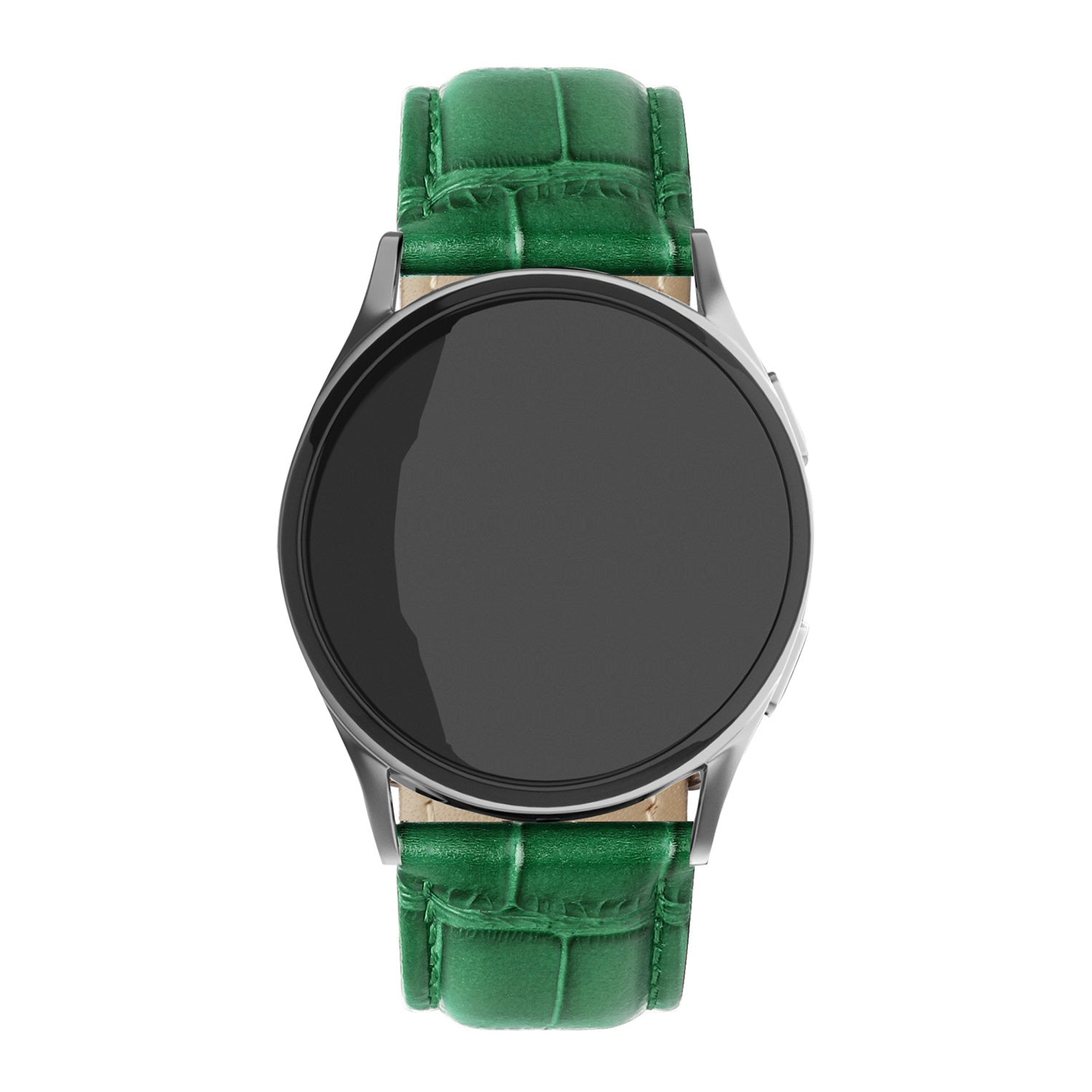 Eine Smartwatch mit schwarzem Bildschirm und grünem Lederarmband. Die Uhr hat eine silberne Lünette. Das Armband scheint Krokoleder zu sein.