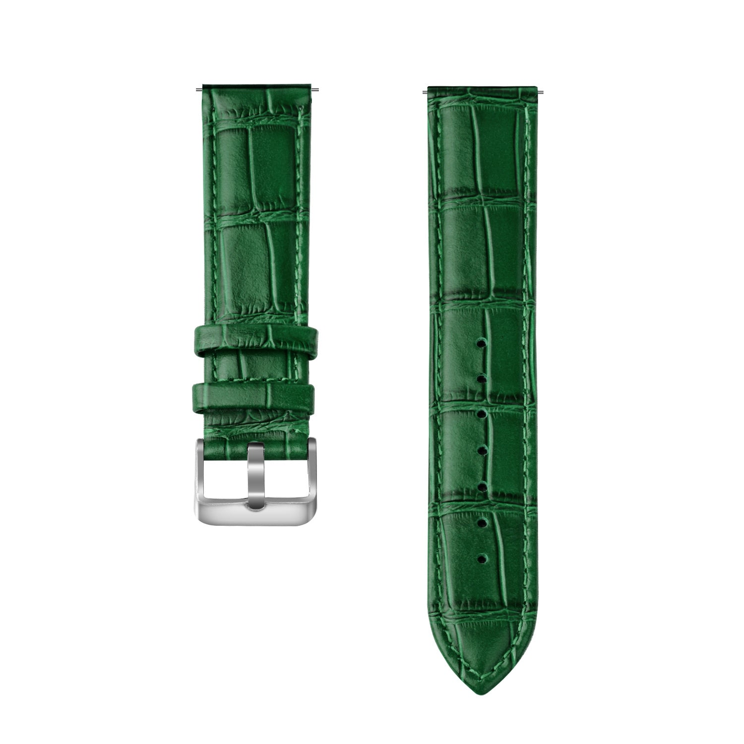Zwei grüne Leder-Uhrenarmbänder auf weißem Hintergrund. Die Armbänder sind strukturiert und haben silberne Schnallen. Eines ist geschnallt.