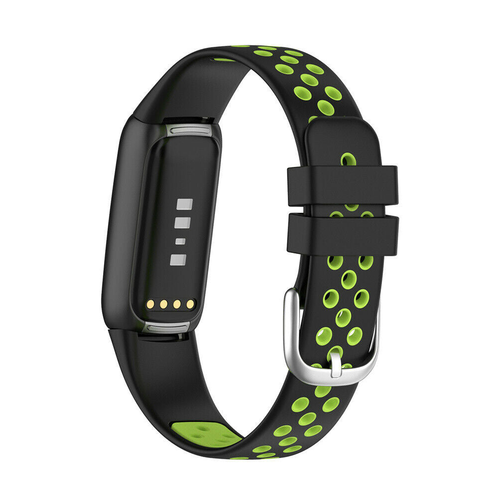 Schwarzes Fitness-Tracker-Armband mit grünen Akzenten. Zu den Merkmalen gehören eine Schnalle, mehrere Löcher und ein Bildschirm mit Kontrollleuchten.