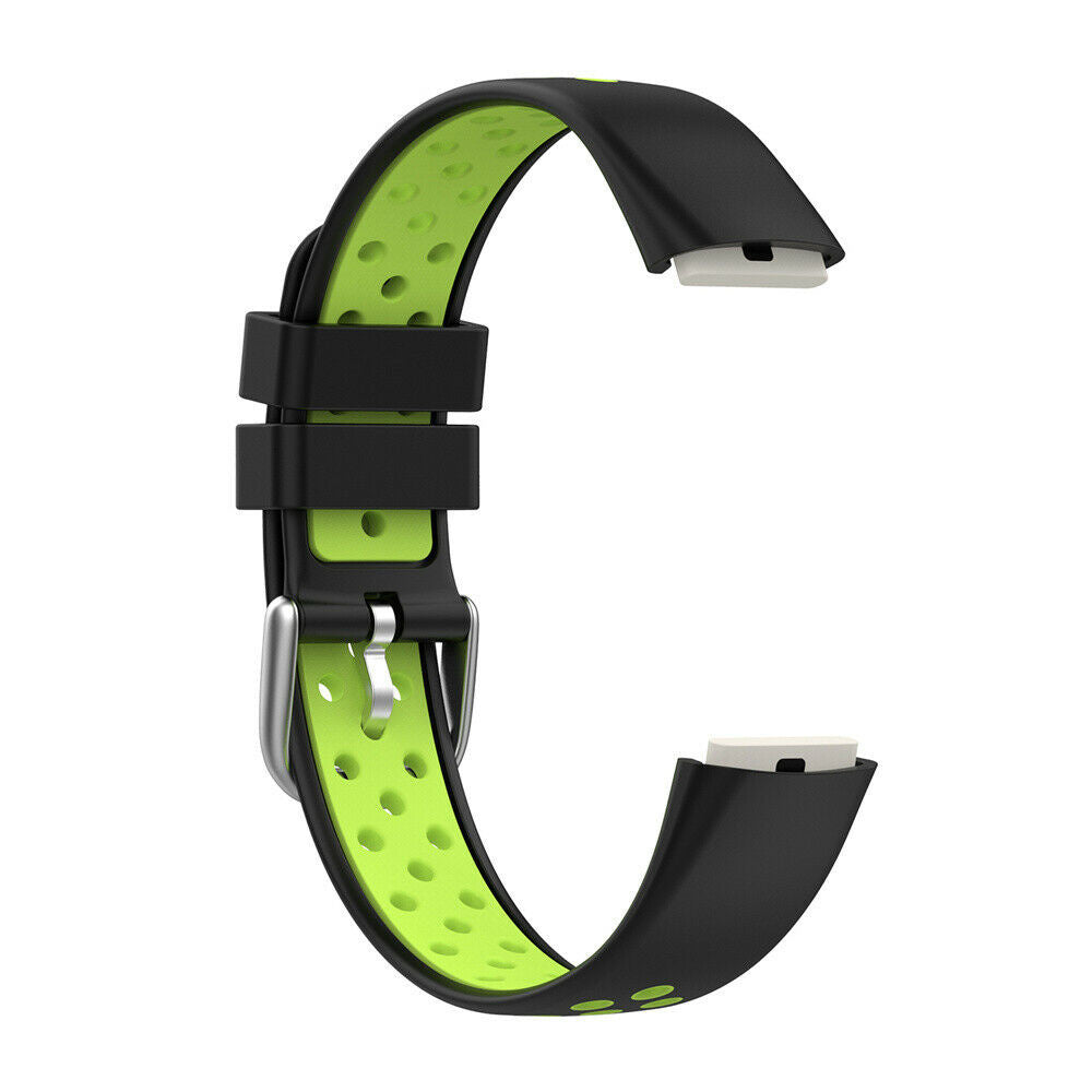 Ein schwarz-grünes Smartwatch-Armband. Es hat eine C-Form. Das Innere ist grün mit Löchern, und das Äußere ist schwarz.