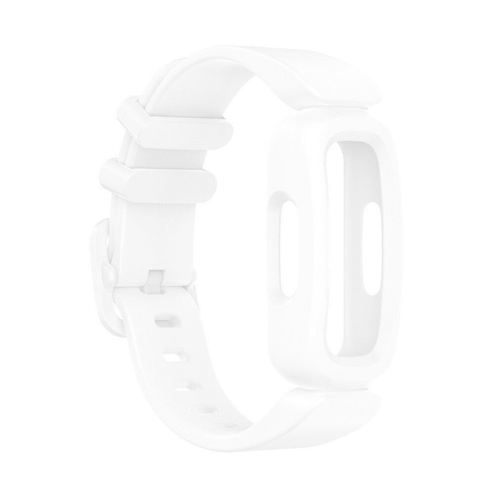 Ein weißes Smartwatch-Armband. Es hat einen ovalen Uhrenhalter und einen Riemen mit Löchern und einer Schnalle zur Anpassung.