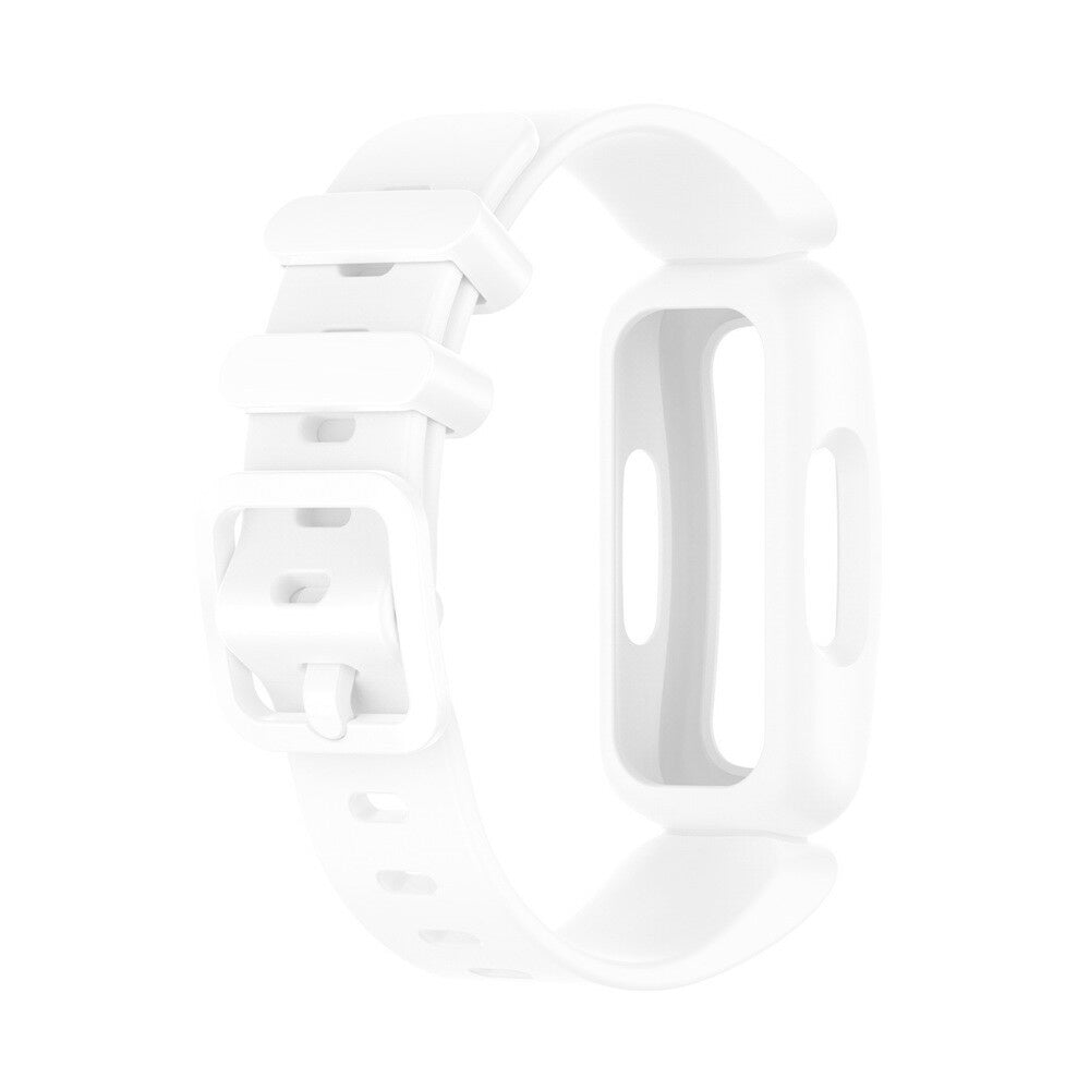 Ein weißes Fitness-Tracker-Armband mit Schnalle, Riemen und Gehäuse, alles vor weißem Hintergrund.