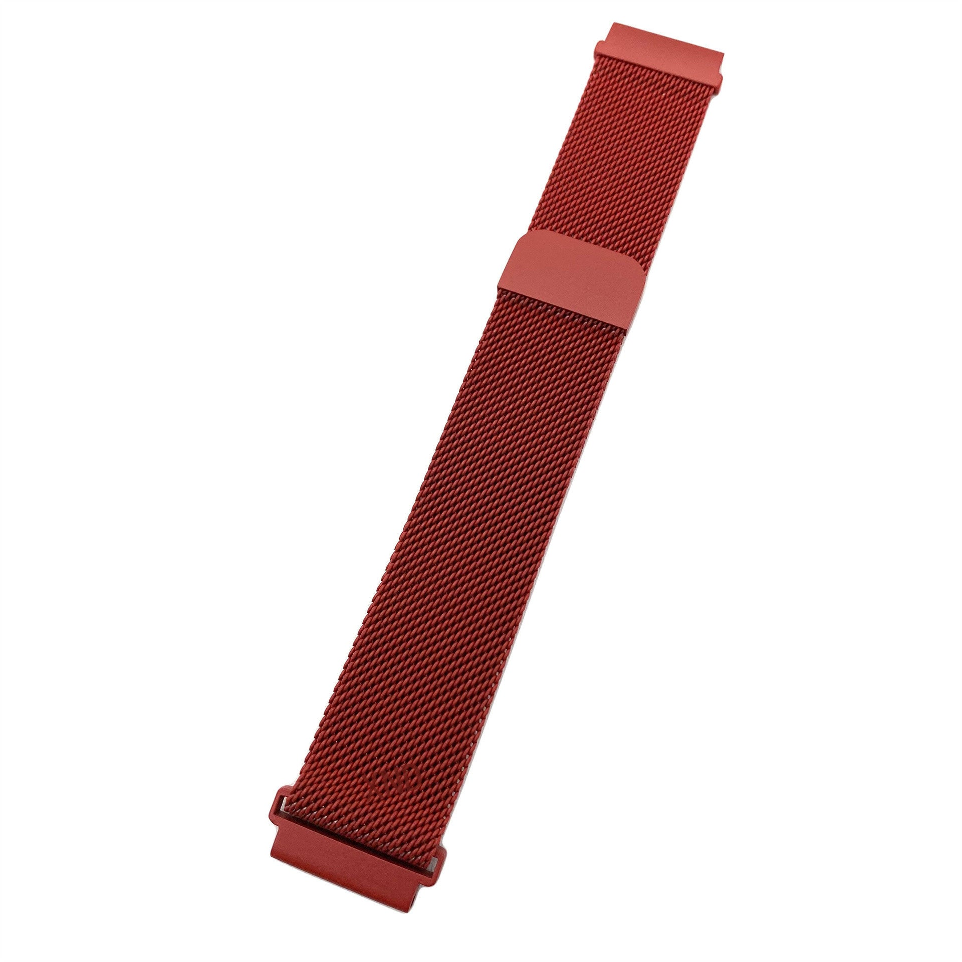 Ein rotes Mesh-Uhrenarmband, das auf weißem Hintergrund abgewinkelt ist. Das Armband hat an jedem Ende einen Verschluss und einen soliden Stab in der Mitte.