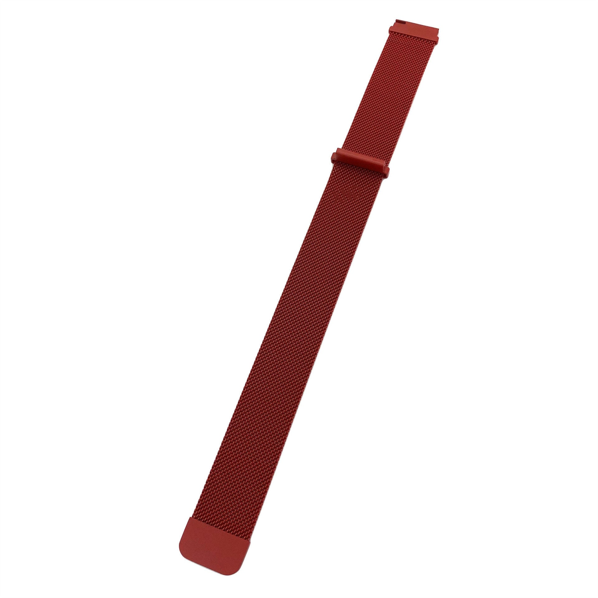 Ein weinrotes Uhrenarmband, das sich diagonal vor einem weißen Hintergrund befindet. Es hat ein Netzdesign und einen Verschluss.