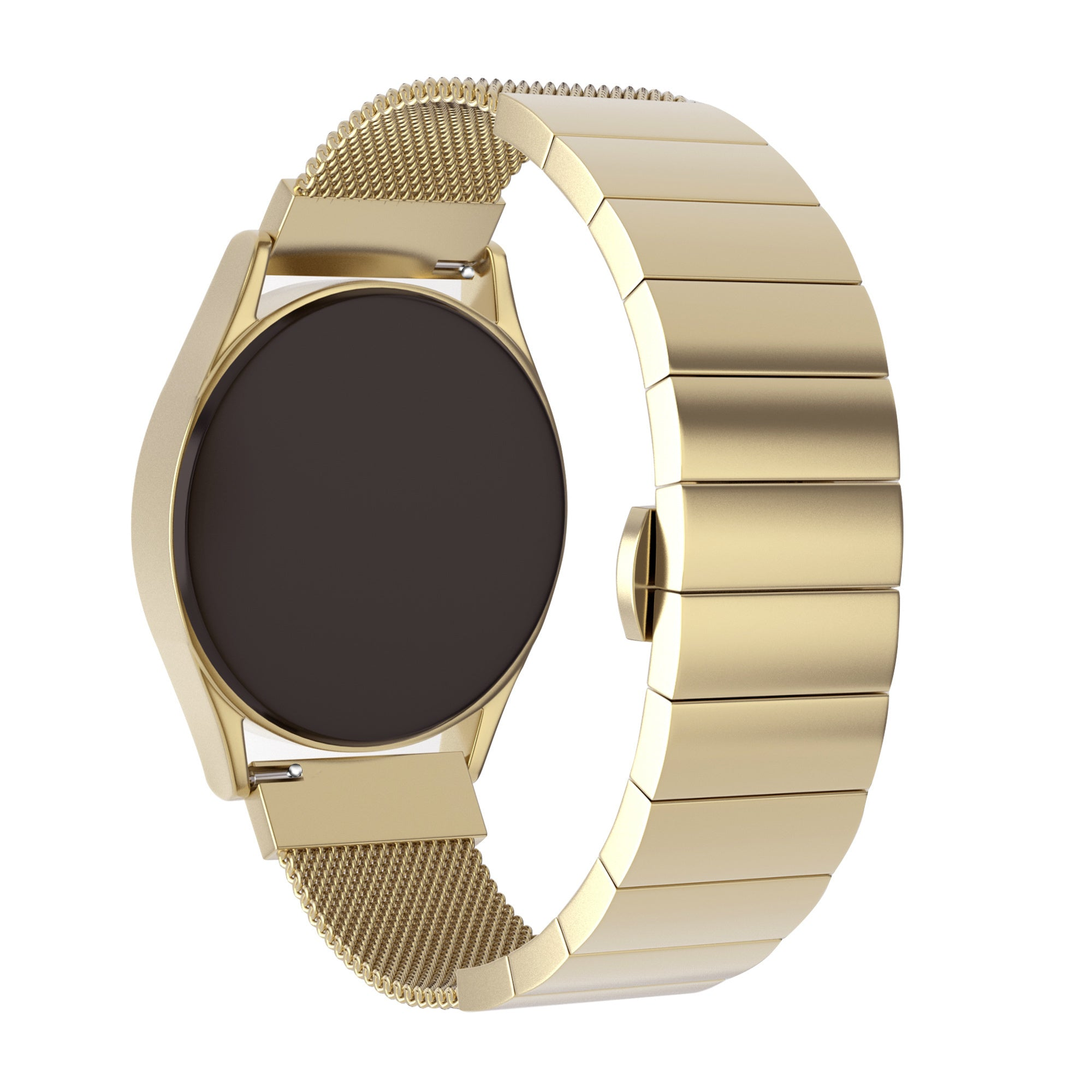 Eine goldene Smartwatch mit schwarzem Bildschirm und einem goldenen Mesh-Band auf der einen Seite und einem goldenen Gliederarmband auf der anderen Seite.