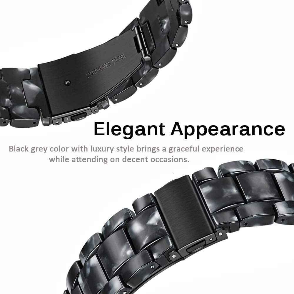 Nahaufnahme eines Uhrenarmbands. Schwarze und graue Glieder mit einem Edelstahlverschluss. Der Text lautet "Elegant Appearance" und seine Merkmale.