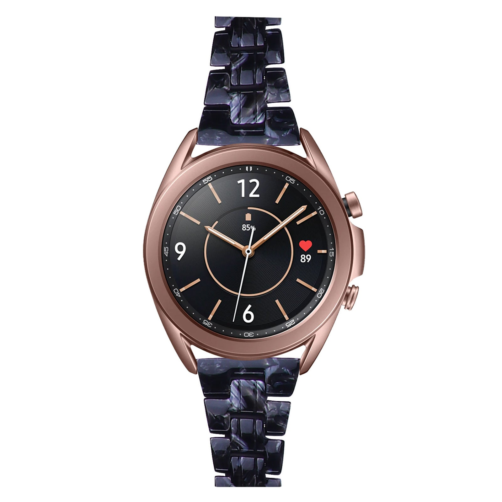 Eine roségoldene Smartwatch mit schwarzem Zifferblatt und dunkelblauem Armband. Das Zifferblatt zeigt Uhrzeit, Akku und Herzfrequenz.