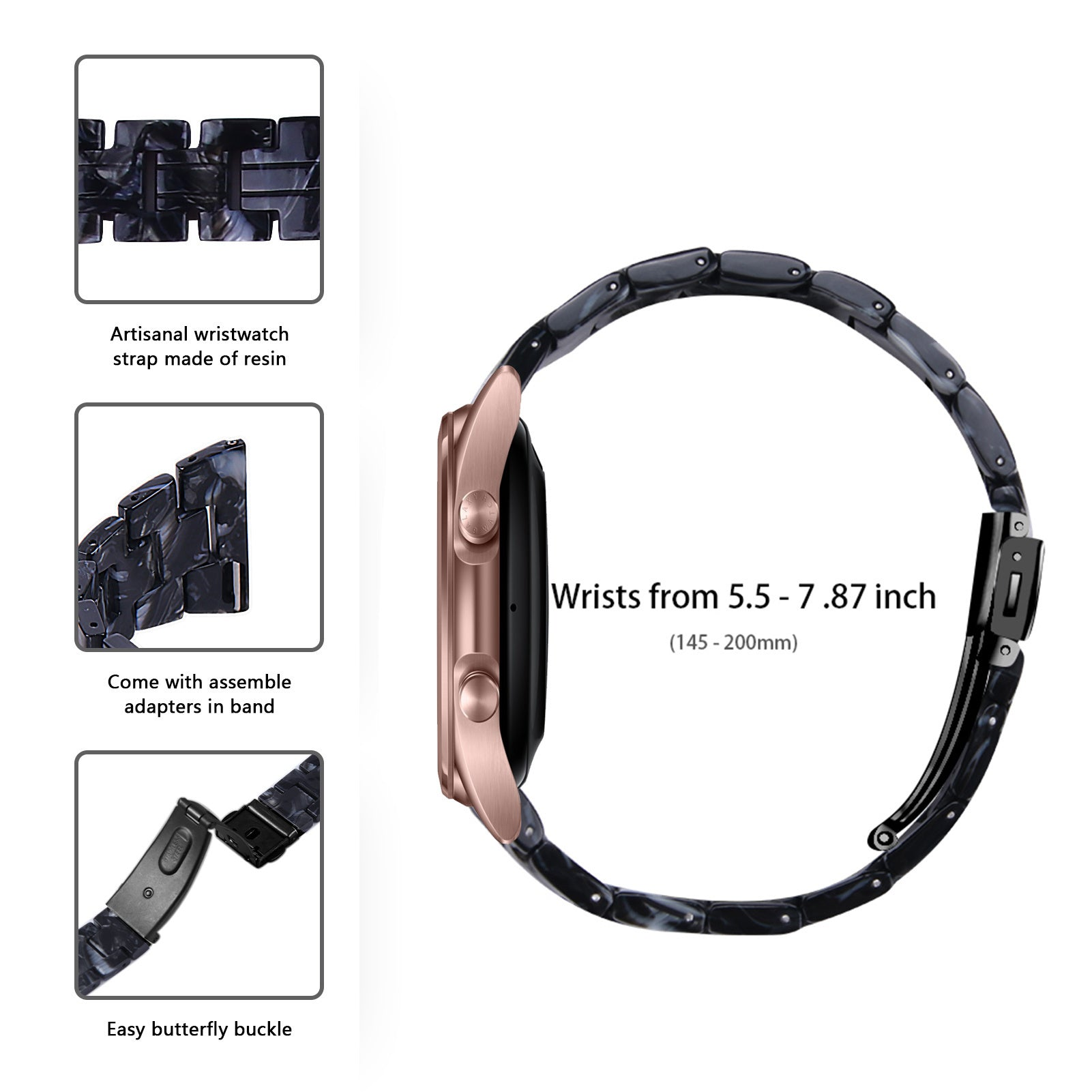 Eine roségoldene Smartwatch mit einem schwarz-grauen Harzarmband. Das Armband wird detailliert mit Text beschrieben.
