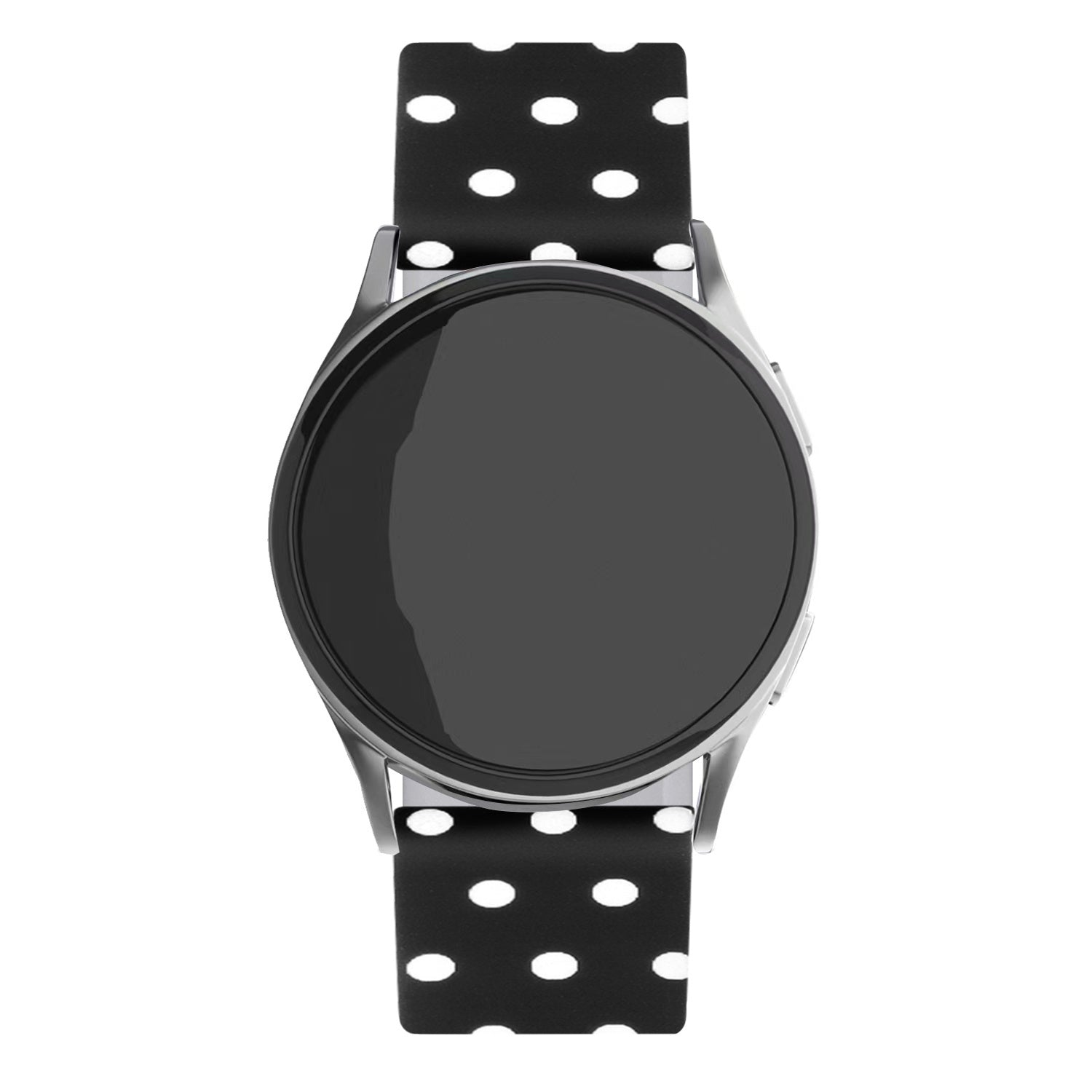 Eine Smartwatch mit schwarzem Bildschirm und silbernem Rahmen. Das schwarze Armband ist mit weißen Punkten gemustert.
