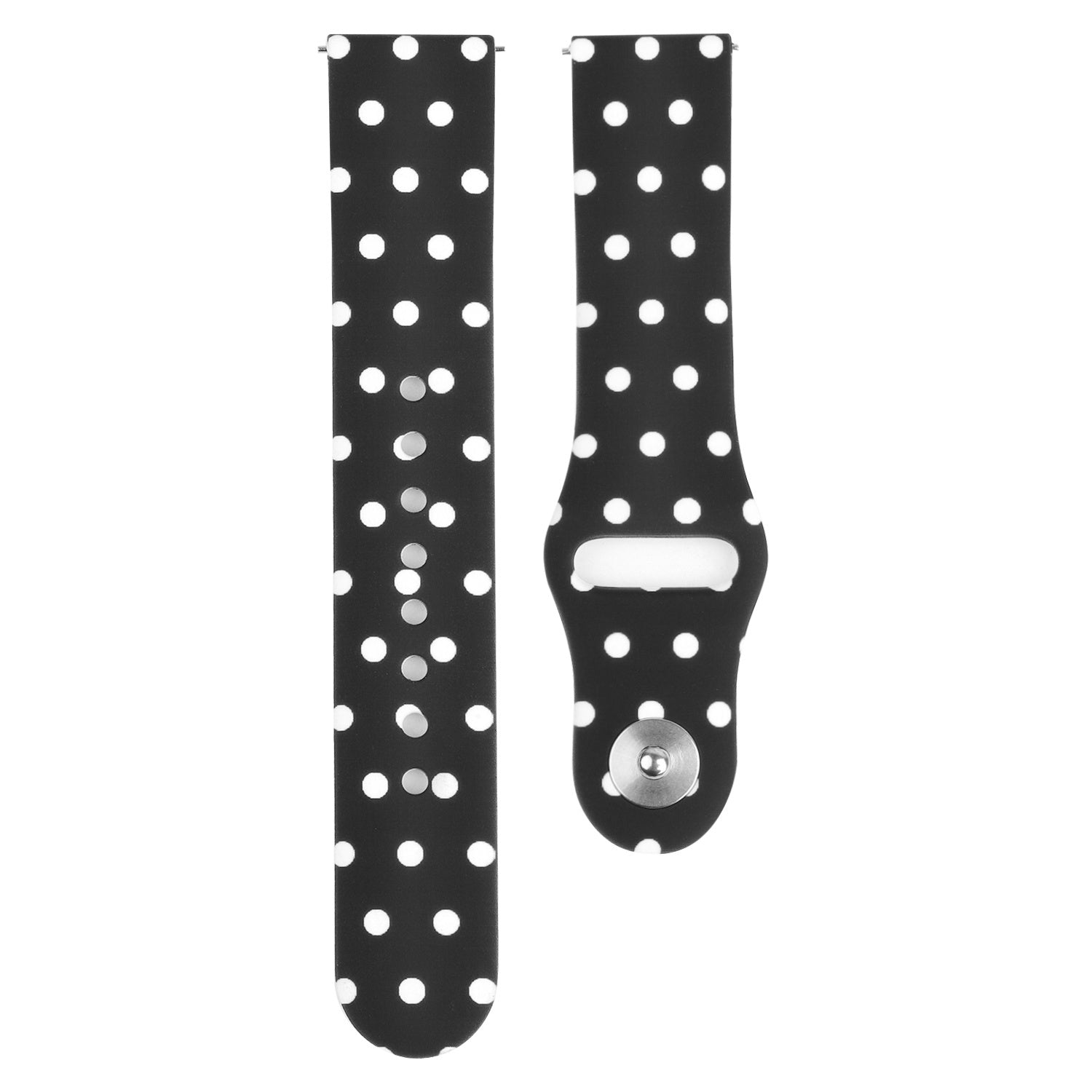 Schwarzes Uhrenarmband mit weißen Tupfen, zweiteilig. Eines hat einen Verschluss, das andere einen Stift. Beide vor weißem Hintergrund.