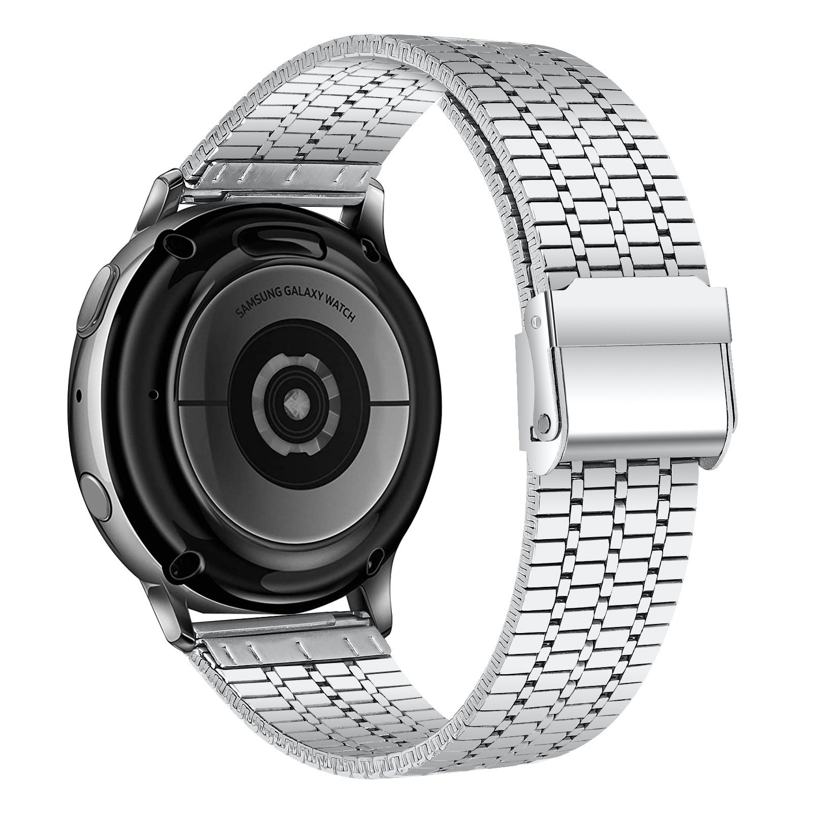Eine silberne Samsung Galaxy Watch, die Rückseite mit der Marke, an einem silbernen Metallband befestigt.
