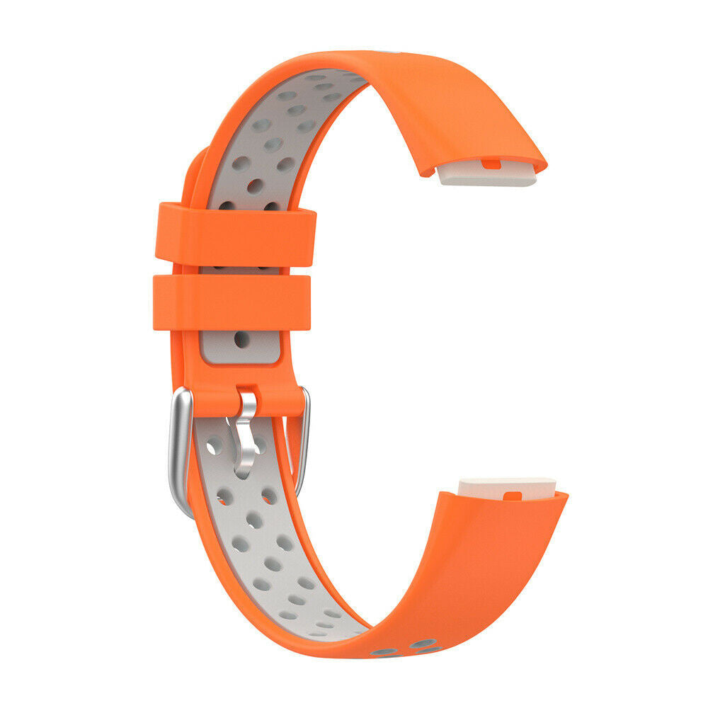 Ein orangefarbenes und graues Uhrenarmband. Das Band ist gebogen, mit Löchern entlang der grauen Innenseite. Eine silberne Schnalle und weiße Enden sind sichtbar.