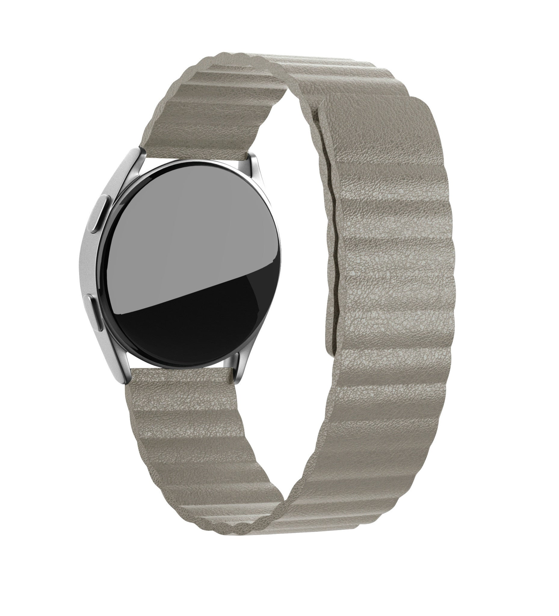 Eine Smartwatch mit grauem Lederarmband, silbernem Gehäuse und schwarzem Bildschirm, vor weißem Hintergrund.