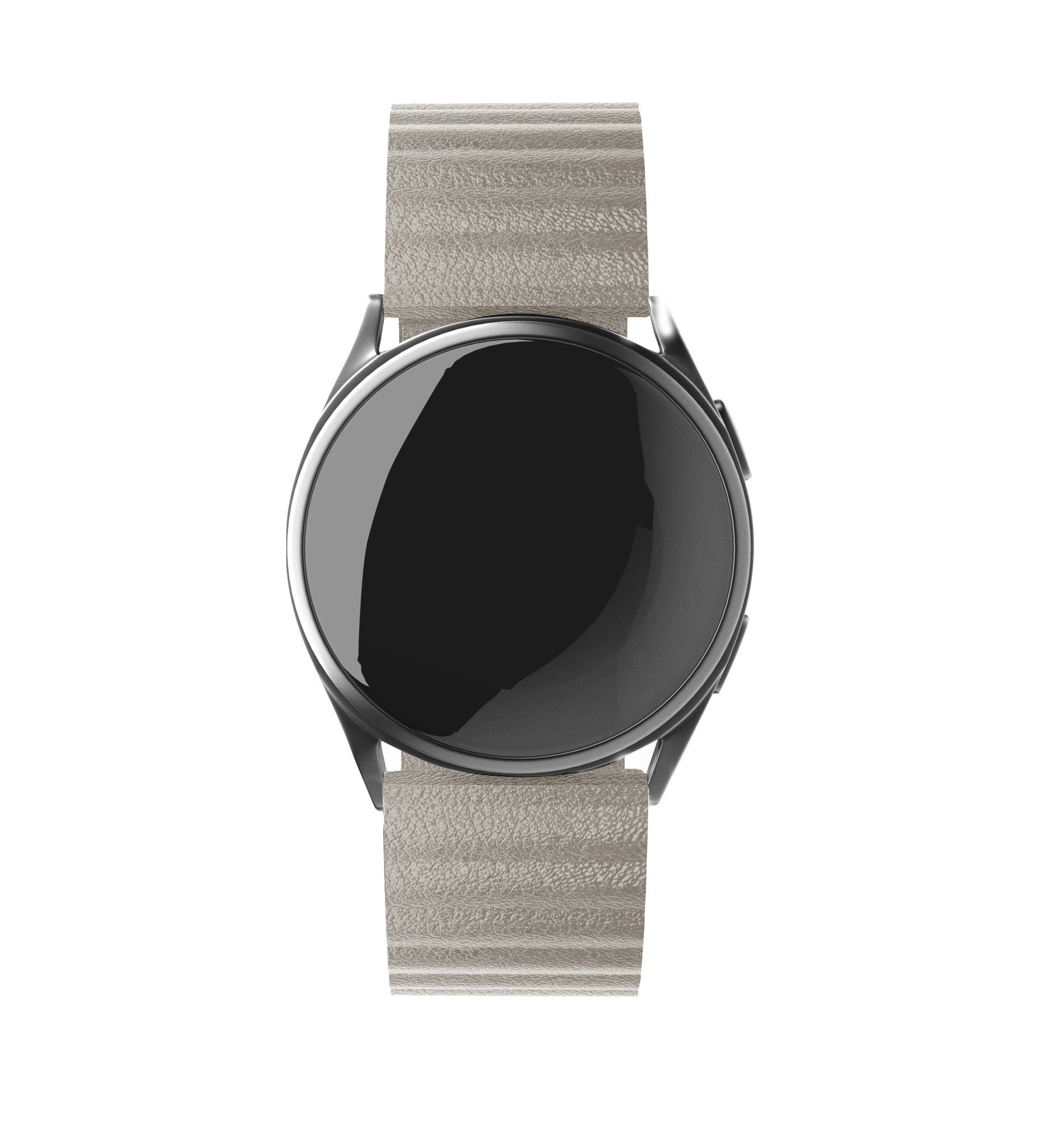 Eine Armbanduhr mit schwarzem Bildschirm und hellgrauem Lederarmband vor weißem Hintergrund.