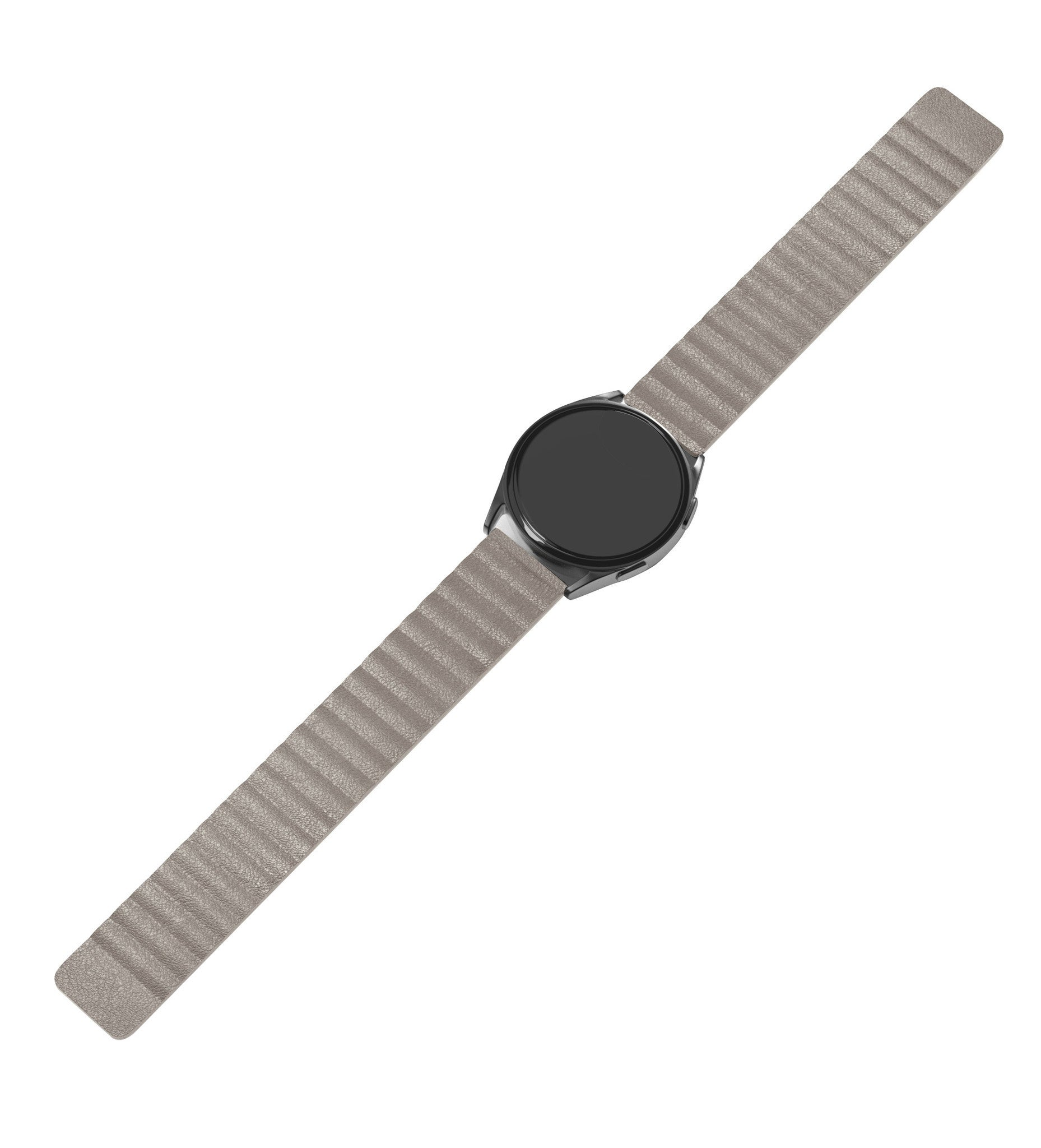 Eine Armbanduhr mit schwarzem Bildschirm und hellgrauem Armband. Das Band ist strukturiert, die Uhr ist auf weißem Hintergrund.