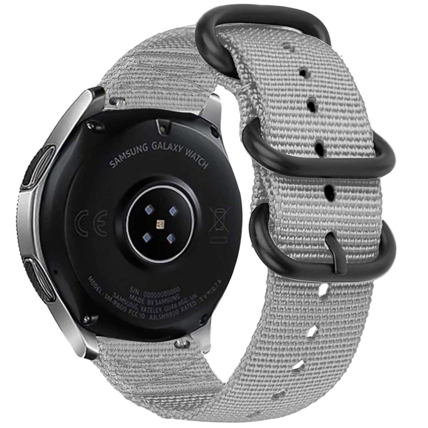 Eine Samsung Galaxy Uhr mit hellgrauem Stoffarmband und schwarzer Schnalle. Das Zifferblatt ist schwarz mit silbernen Akzenten.
