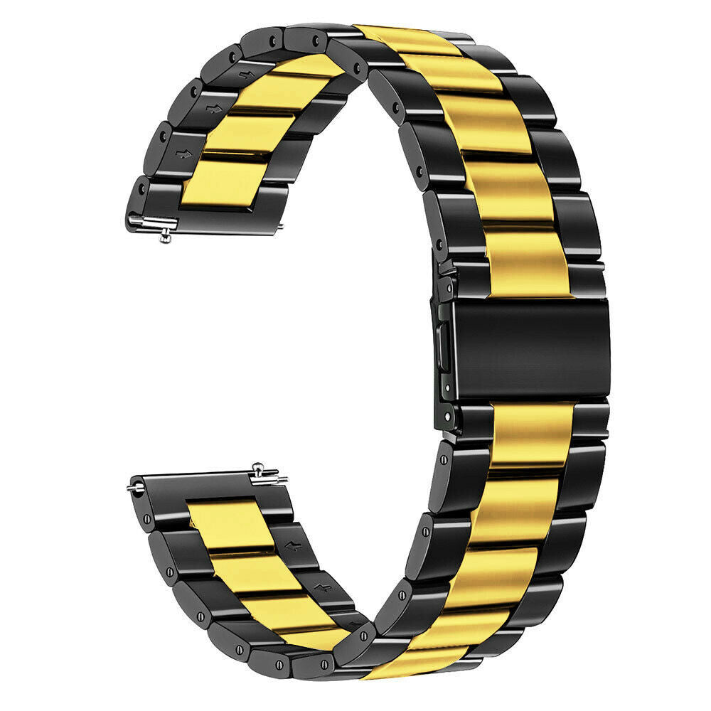 Armbanduhrarmband mit gold- und schwarzfarbenen Gliedern, gebogene Form. Die Glieder wechseln sich farblich ab. Der Verschluss ist schwarz.