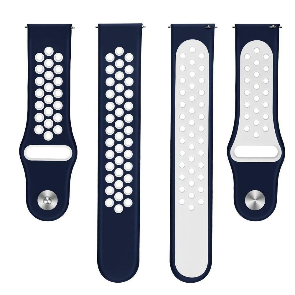 Vier dunkelblaue und weiße Uhrenarmbänder. Zwei sind dunkelblau mit weißen Punkten, eins ist weiß mit blau, eins ist blau mit weiß.