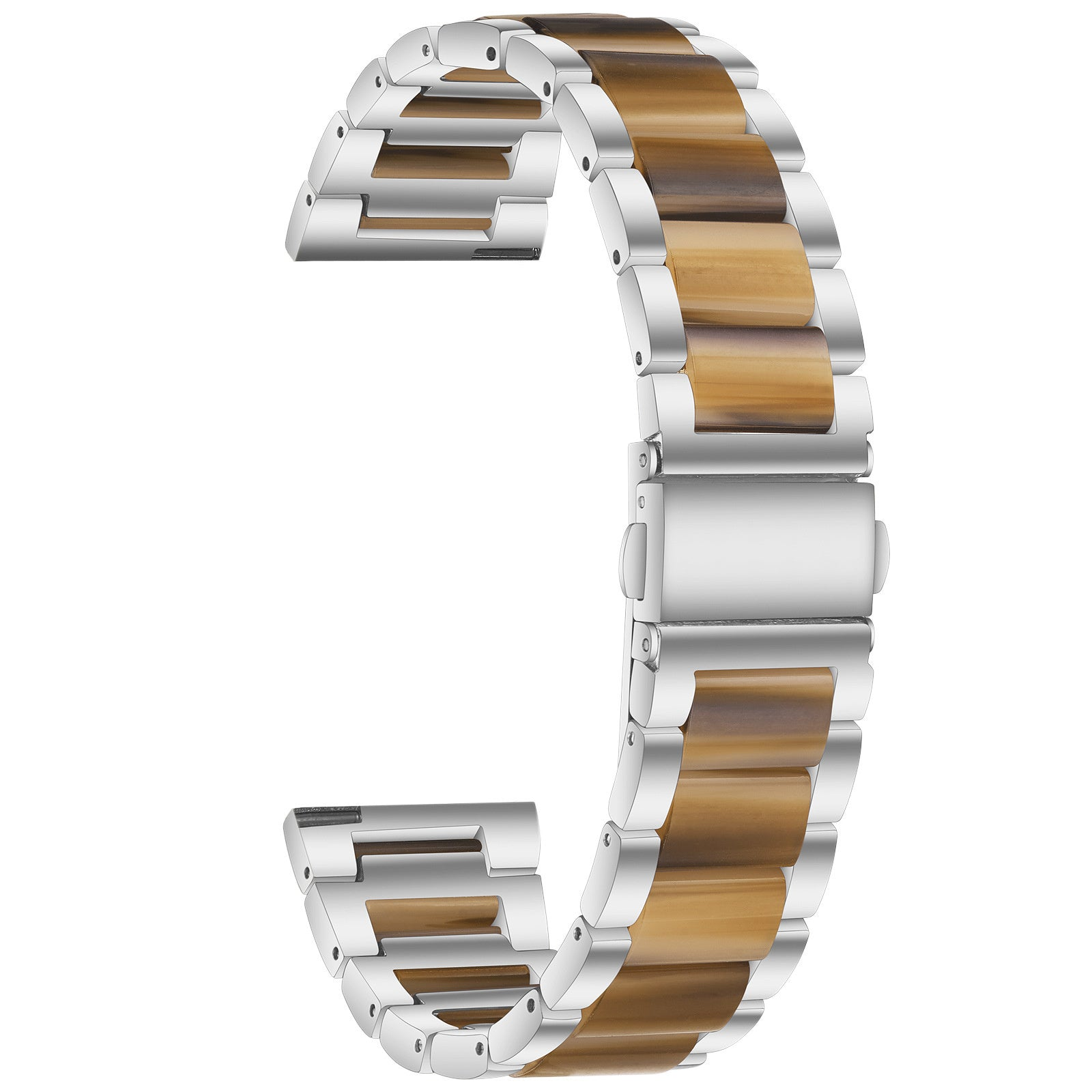 Armbanduhr aus silberfarbenem Metall und braunen holzähnlichen Einsätzen, gebogen vor weißem Hintergrund.