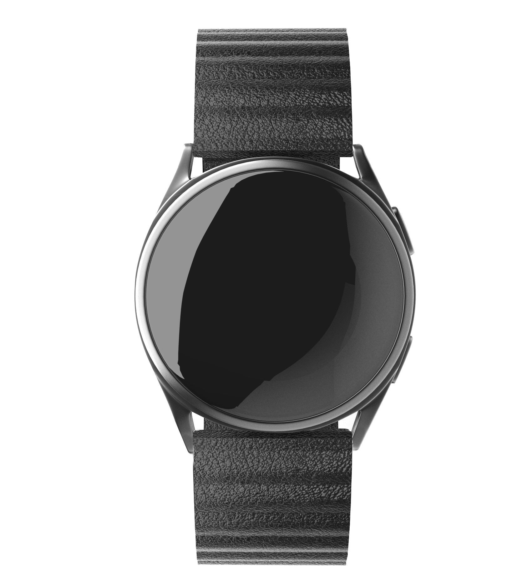 Eine schwarze Smartwatch mit rundem Zifferblatt und strukturiertem schwarzen Lederarmband, vor weißem Hintergrund.