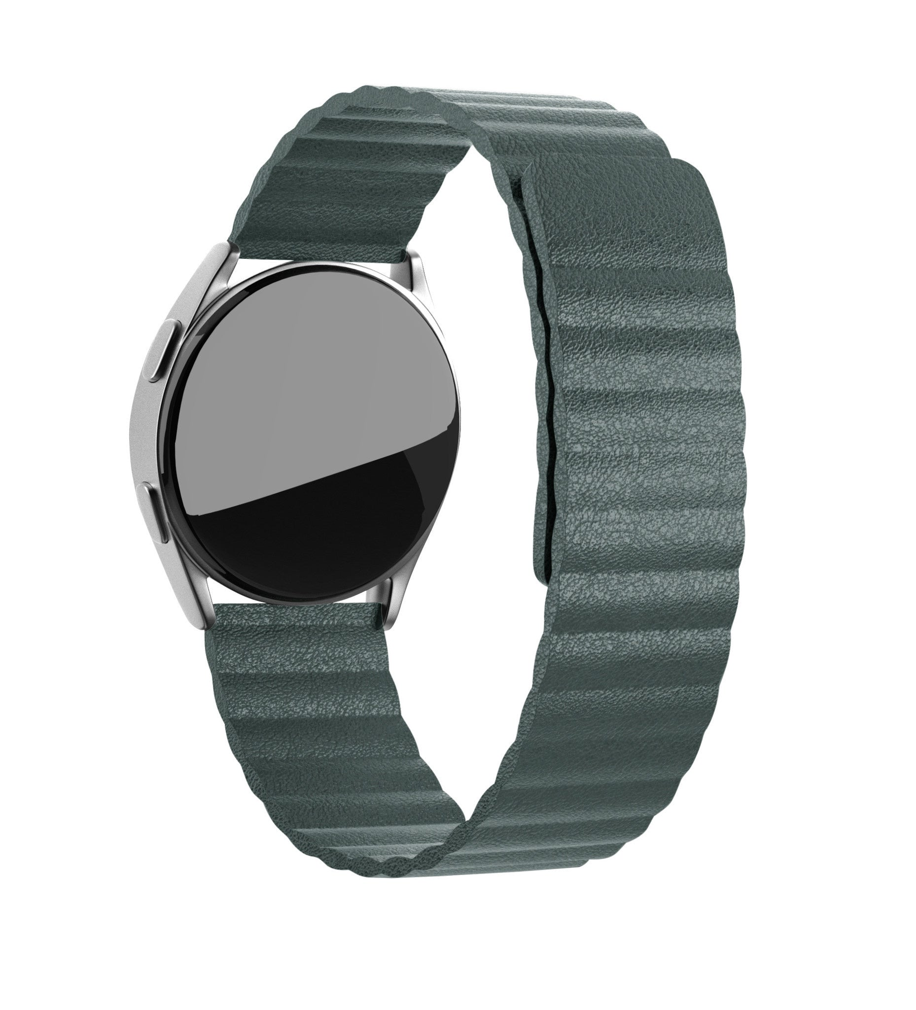 Eine Smartwatch mit dunklem Bildschirm und grünem Lederarmband. Die Uhr ist silberfarben und das Armband hat ein strukturiertes Muster.