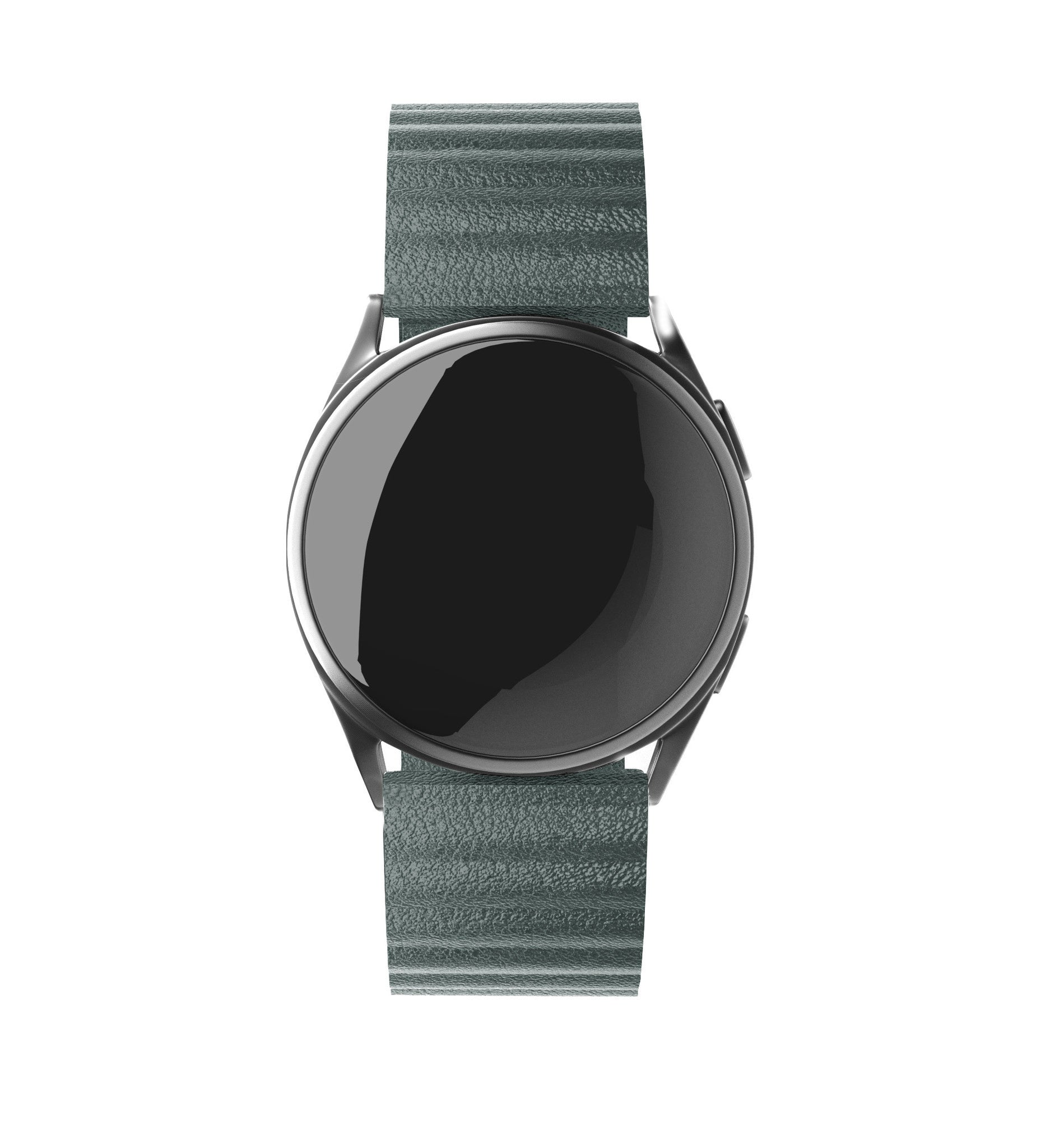 Eine Smartwatch mit schwarzem Bildschirm und grauem Armband. Die Uhr ist auf weißem Hintergrund zentriert. Das Armband ist strukturiert.