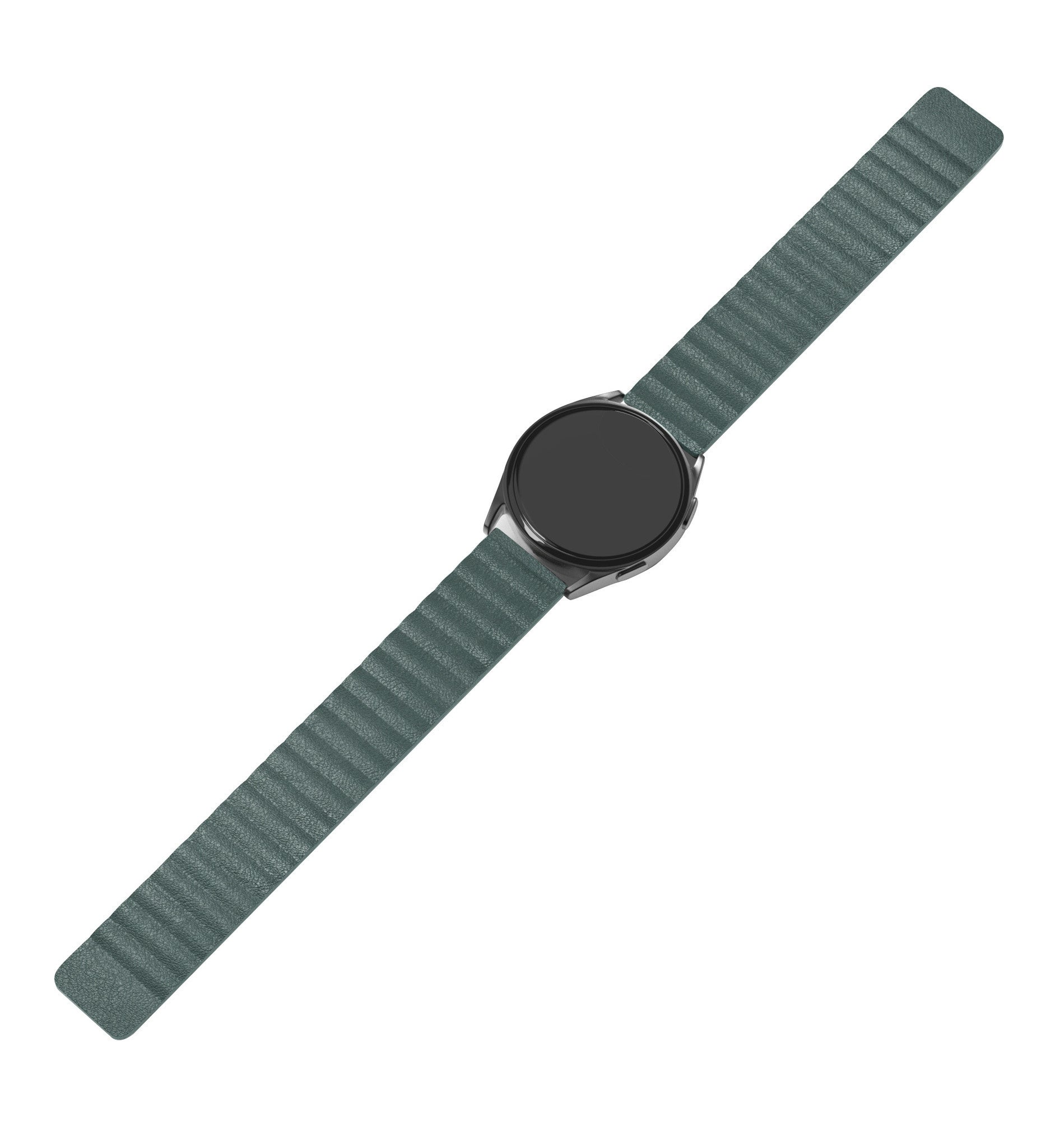 Eine Smartwatch mit grünem Armband liegt diagonal vor weißem Hintergrund. Das Zifferblatt ist schwarz.
