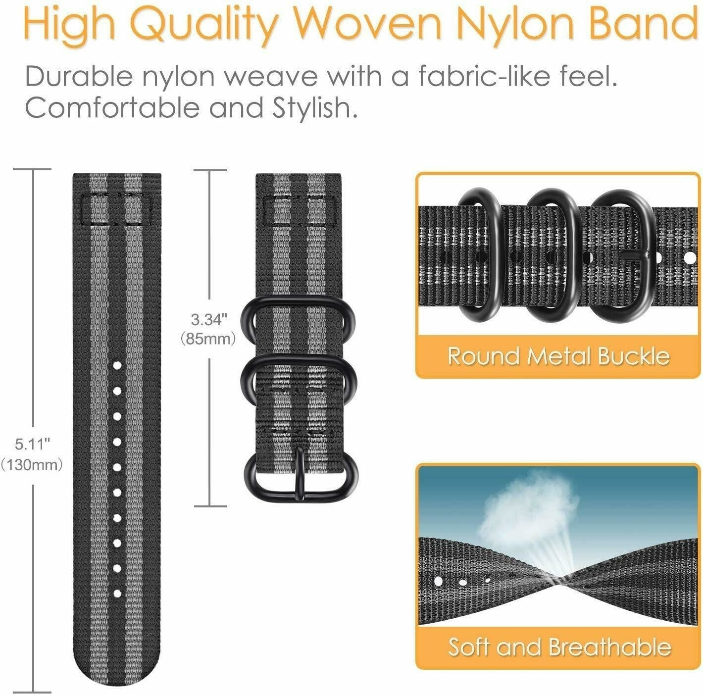 Diagramm eines gewebten Nylon-Uhrenarmbands mit Metallschnalle. Abmessungen und Eigenschaften wie Atmungsaktivität werden hervorgehoben.