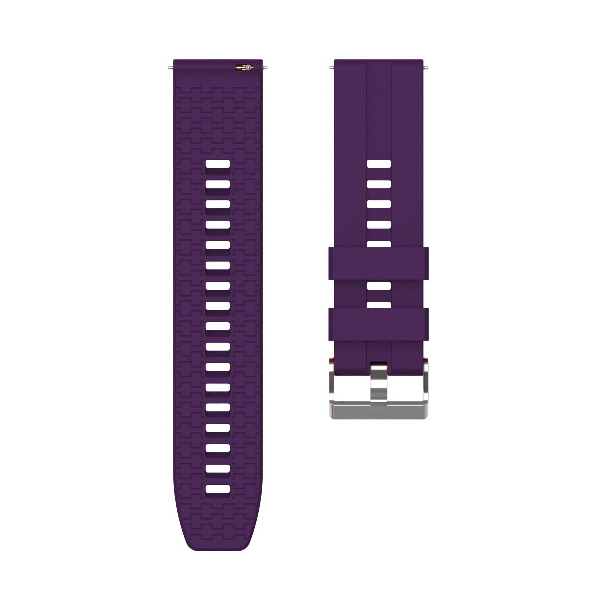 Zwei lila Uhrenarmbänder auf weißem Hintergrund. Eines hat Löcher und das andere eine Schnalle.