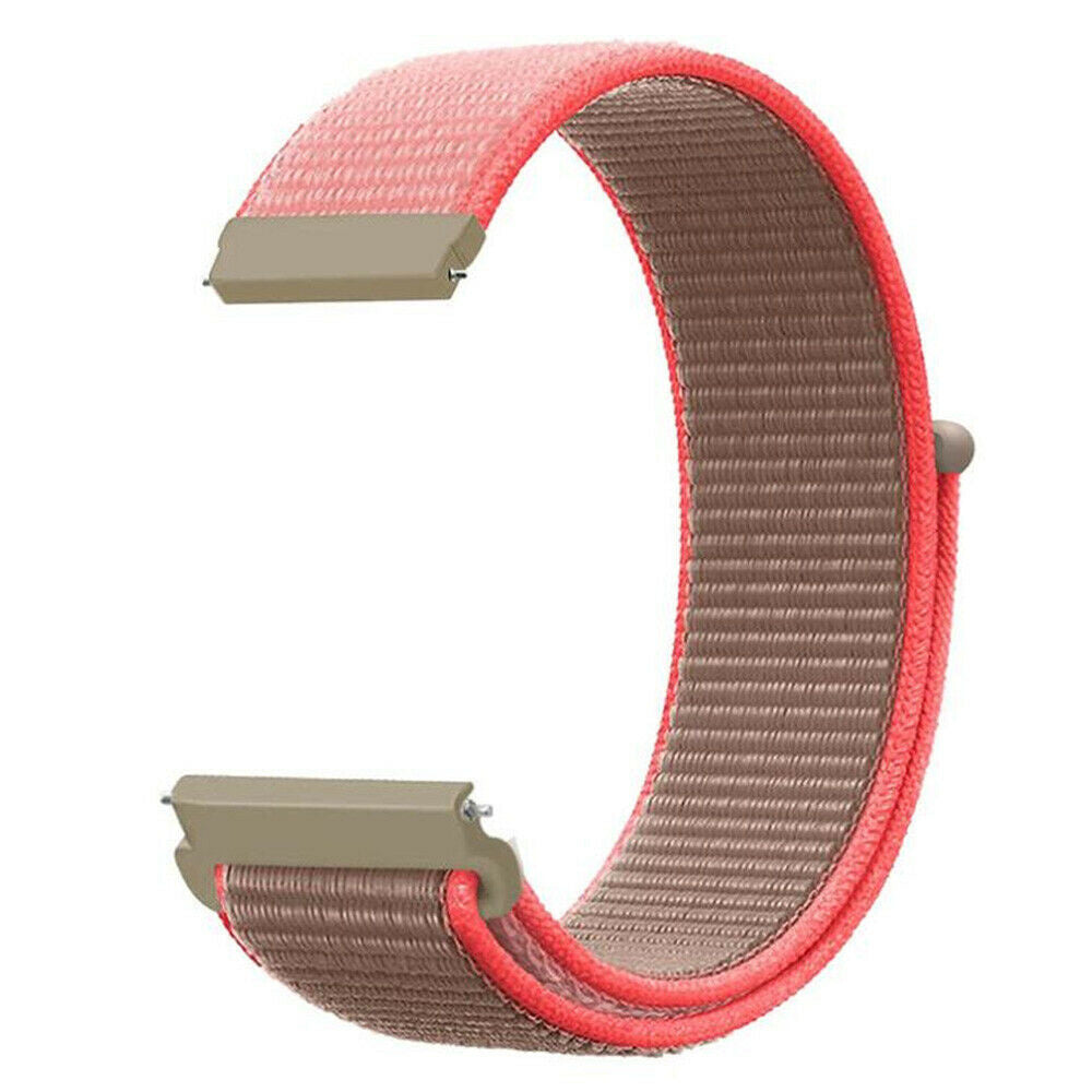 Ein Uhrenarmband mit einem rosa-braunen gewebten Band. Die Ränder sind rot umrandet, die Verbinder beige.