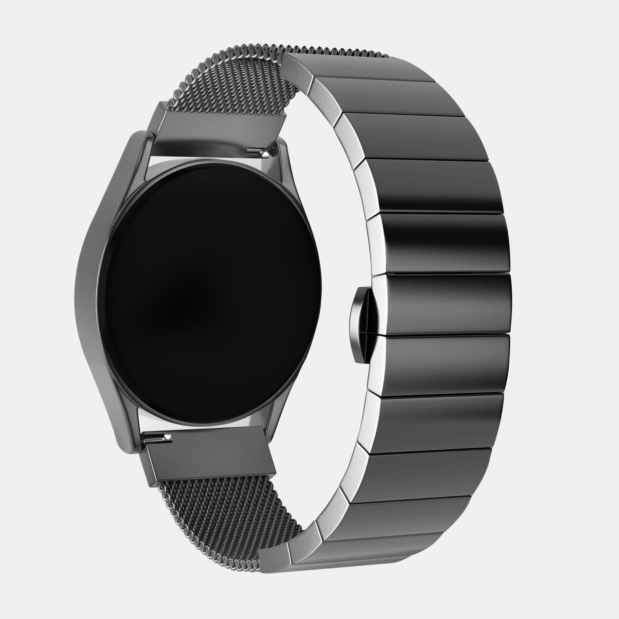 Eine silberne Smartwatch mit schwarzem Bildschirm und schwarzem Metallarmband auf weißem Grund.