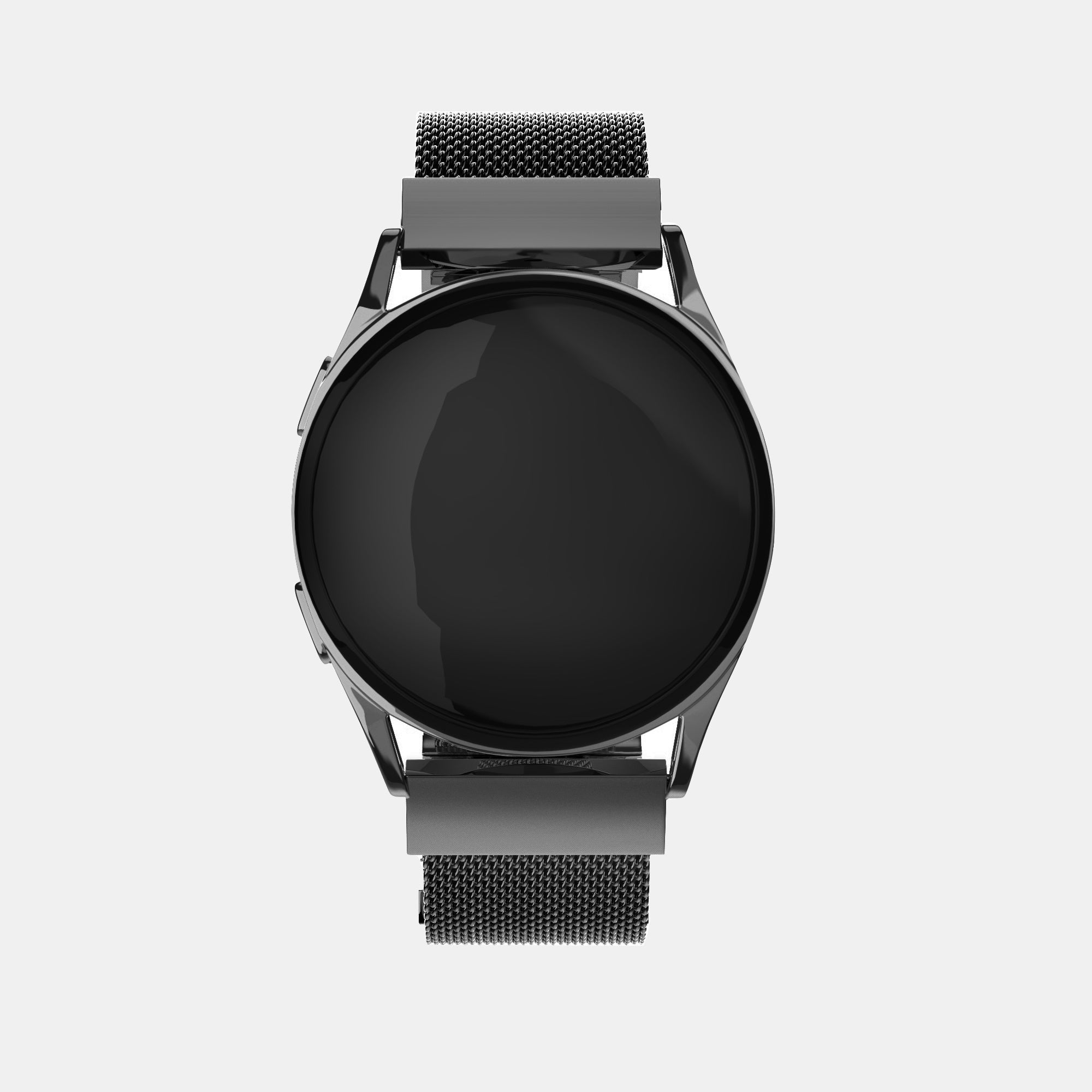 Eine schwarze Smartwatch mit rundem Zifferblatt und Metallgeflechtband liegt zentriert auf weißem Hintergrund.