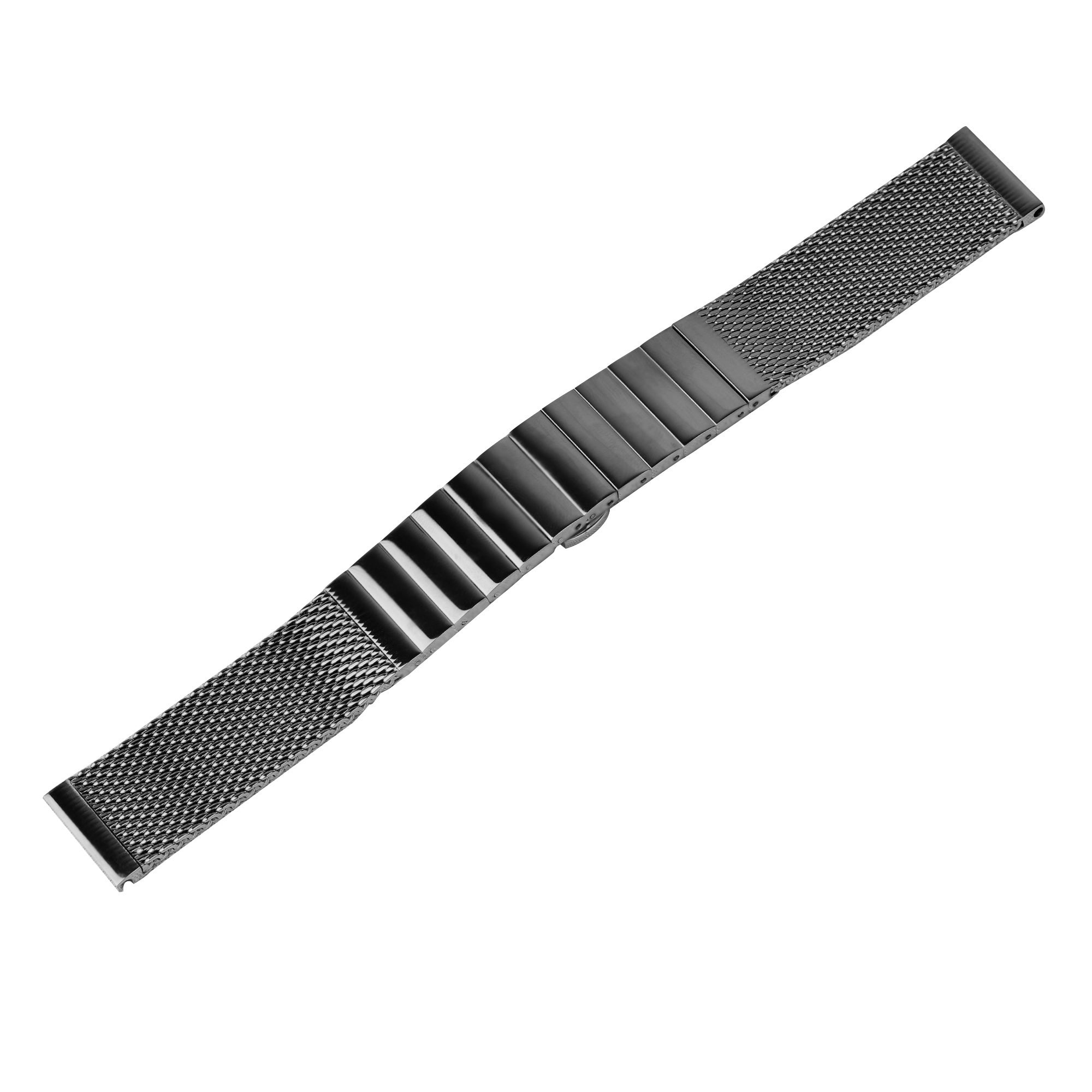 Ein Uhrenarmband liegt auf einer weißen Oberfläche. Es hat ein Mesh-Design mit einem Metallverschluss und ist grau.