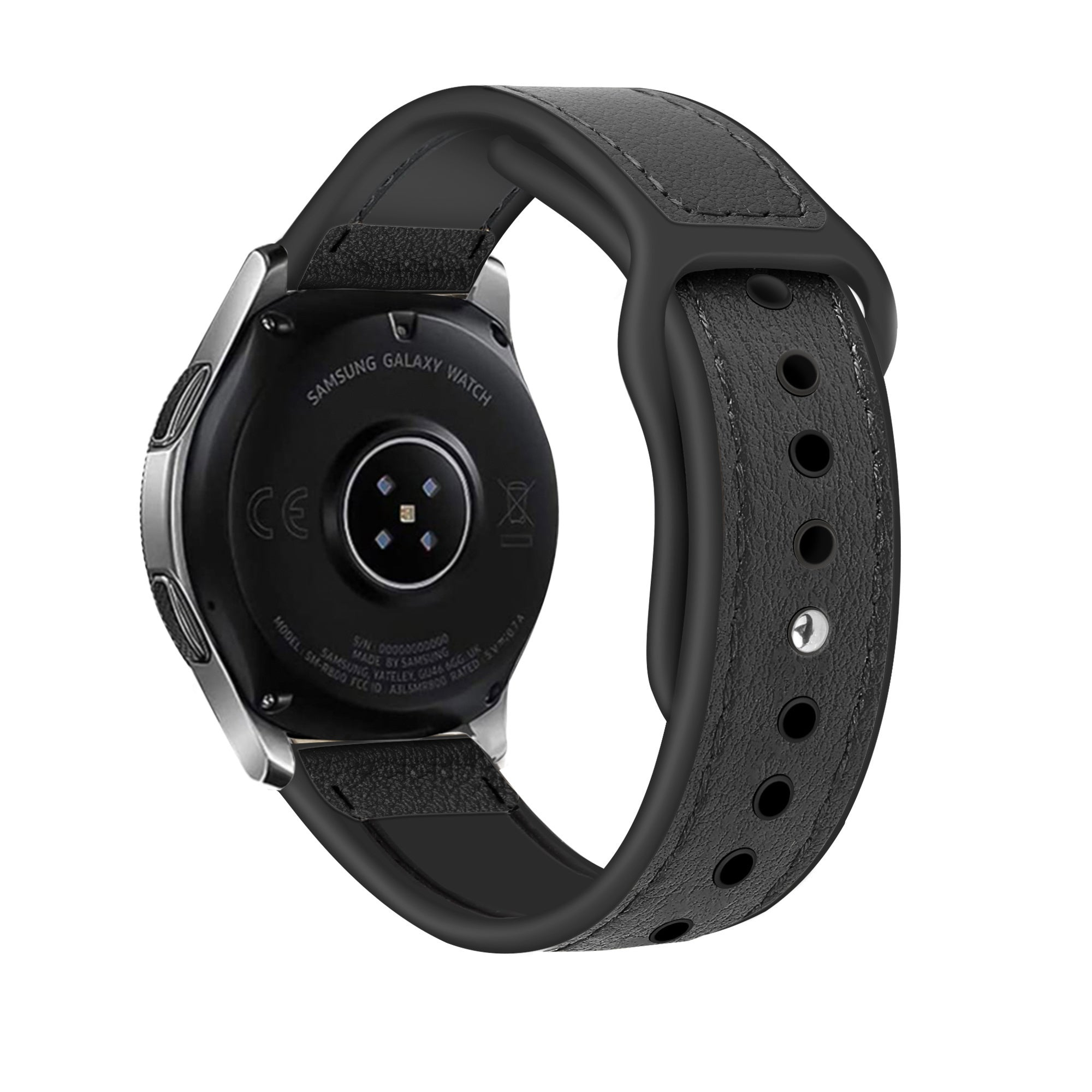 Eine Samsung Galaxy Watch mit schwarzem Lederarmband. Die Rückseite der Uhr zeigt Details. Das Armband hat Löcher.