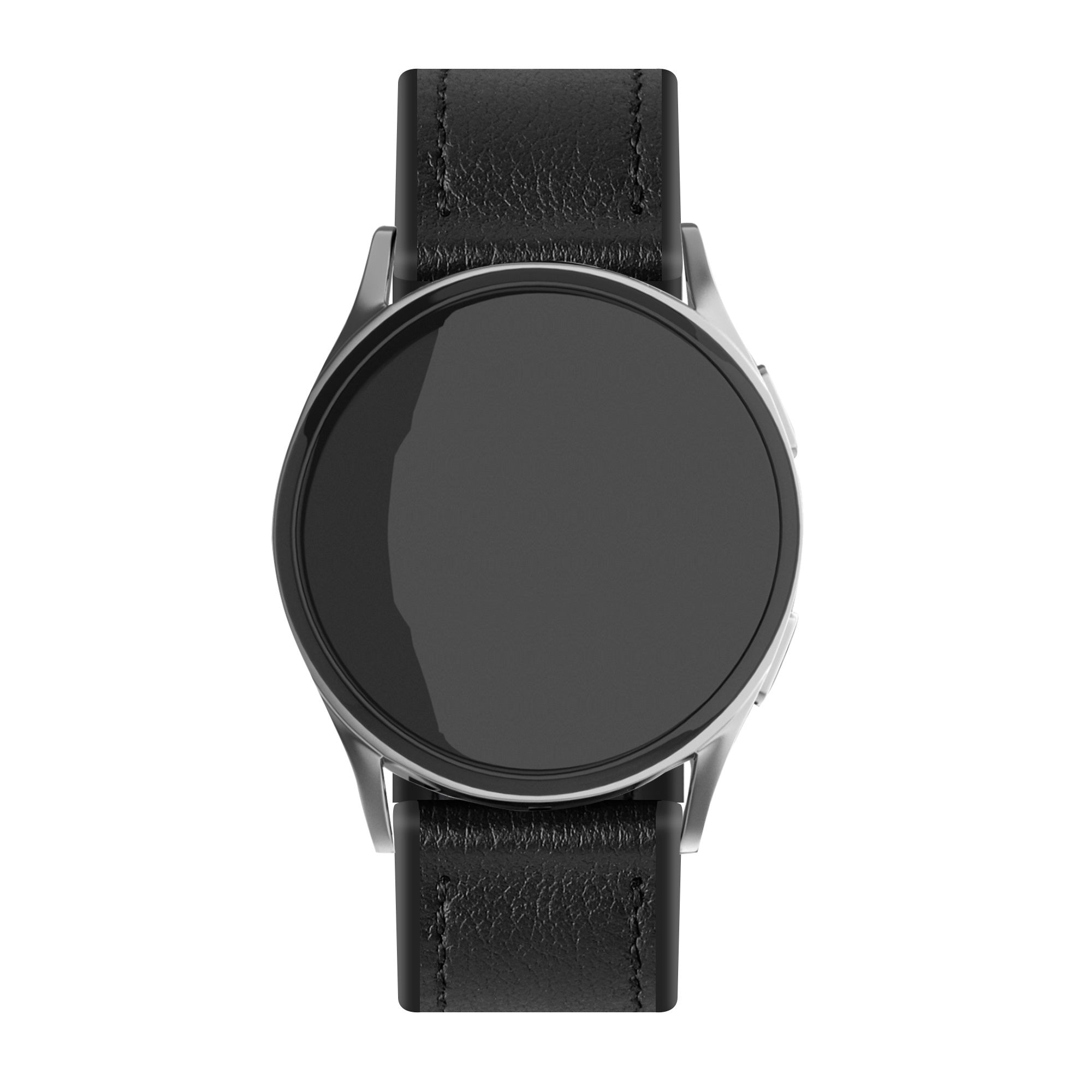 Eine schwarze Smartwatch mit rundem Zifferblatt und schwarzen Lederarmbändern. Die Uhr ist vor weißem Hintergrund zentriert.