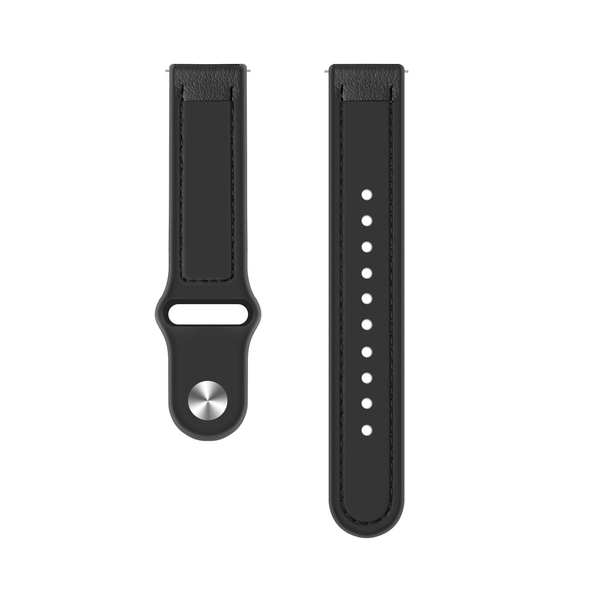 Zwei schwarze Uhrenarmbänder auf Weiß. Eines hat eine Schnalle, das andere Löcher.