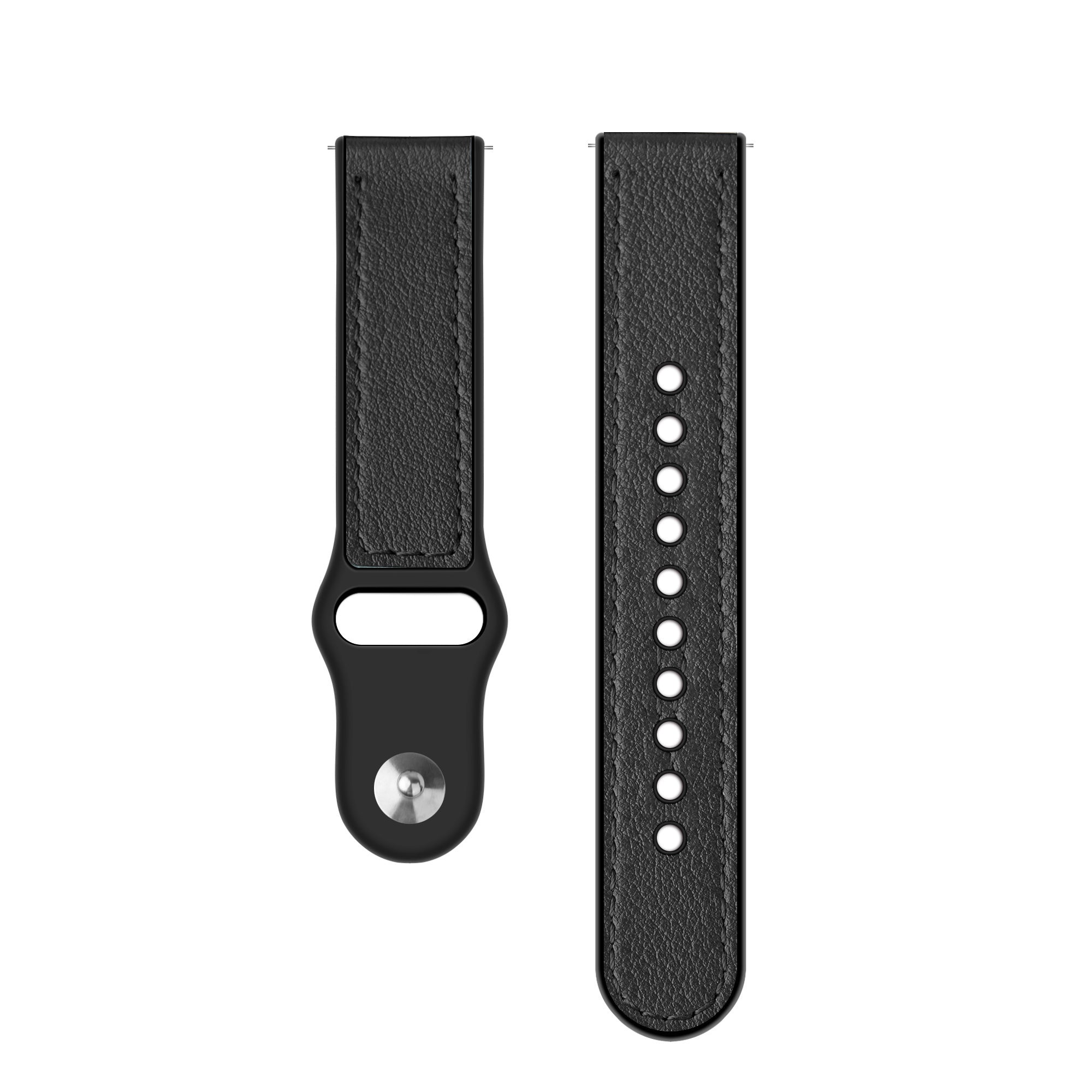 Zwei schwarze Leder-Uhrenarmbänder auf weißem Hintergrund. Eines hat Löcher, das andere eine Schnalle und einen Metallstift.