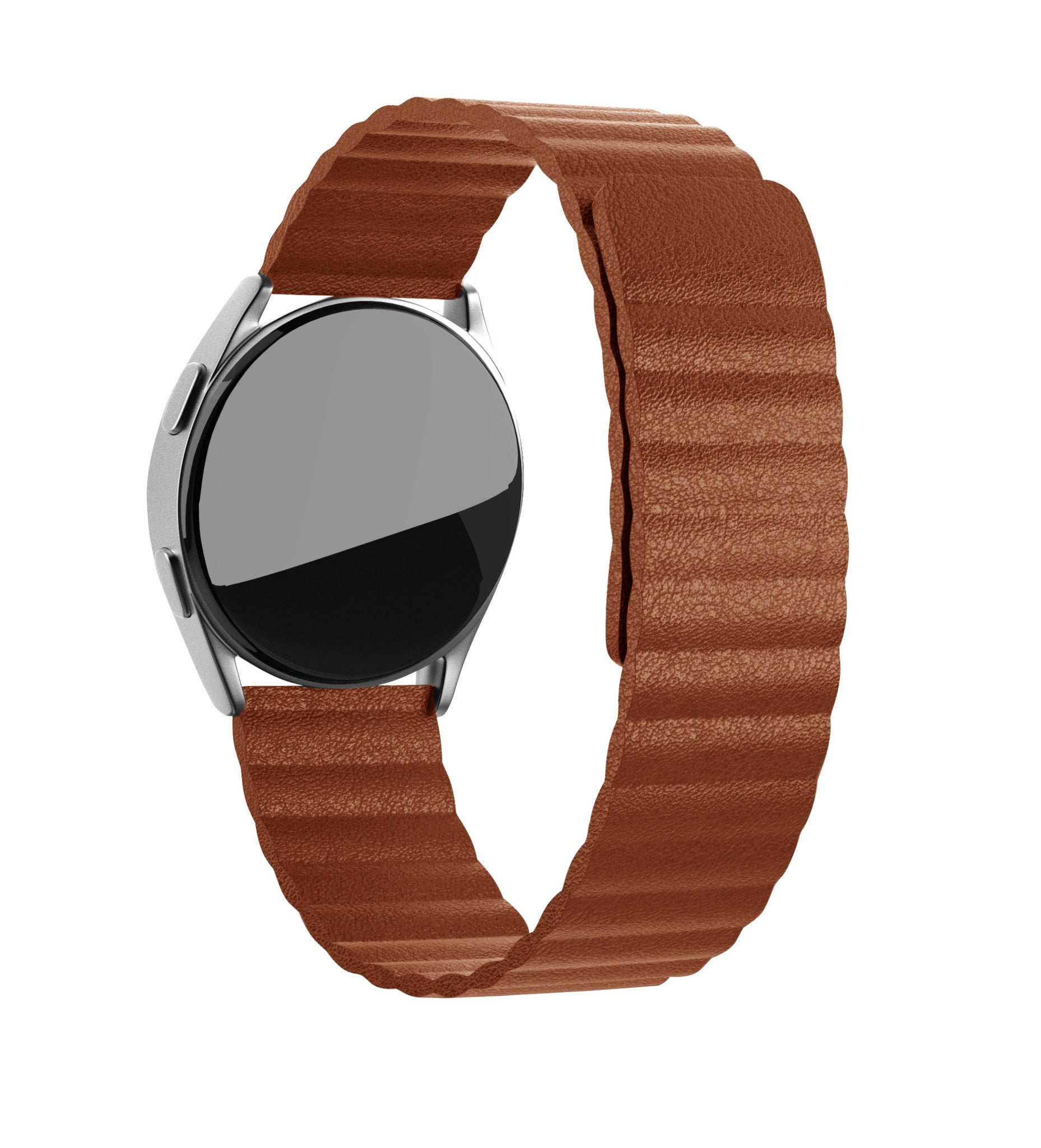 Eine silberne Smartwatch mit schwarzem Bildschirm und braunem Lederarmband.