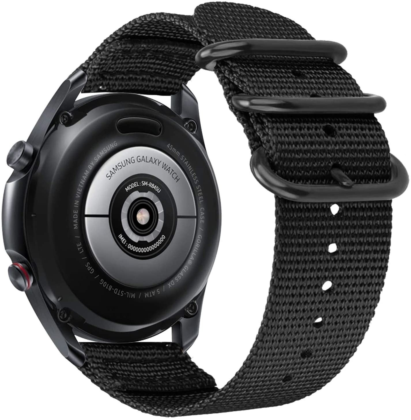 Schwarze Samsung Galaxy Watch mit schwarzem Stoffarmband. Die Rückseite der Uhr zeigt Modelldetails. Armband hat schwarze Metallschlaufen und Löcher.