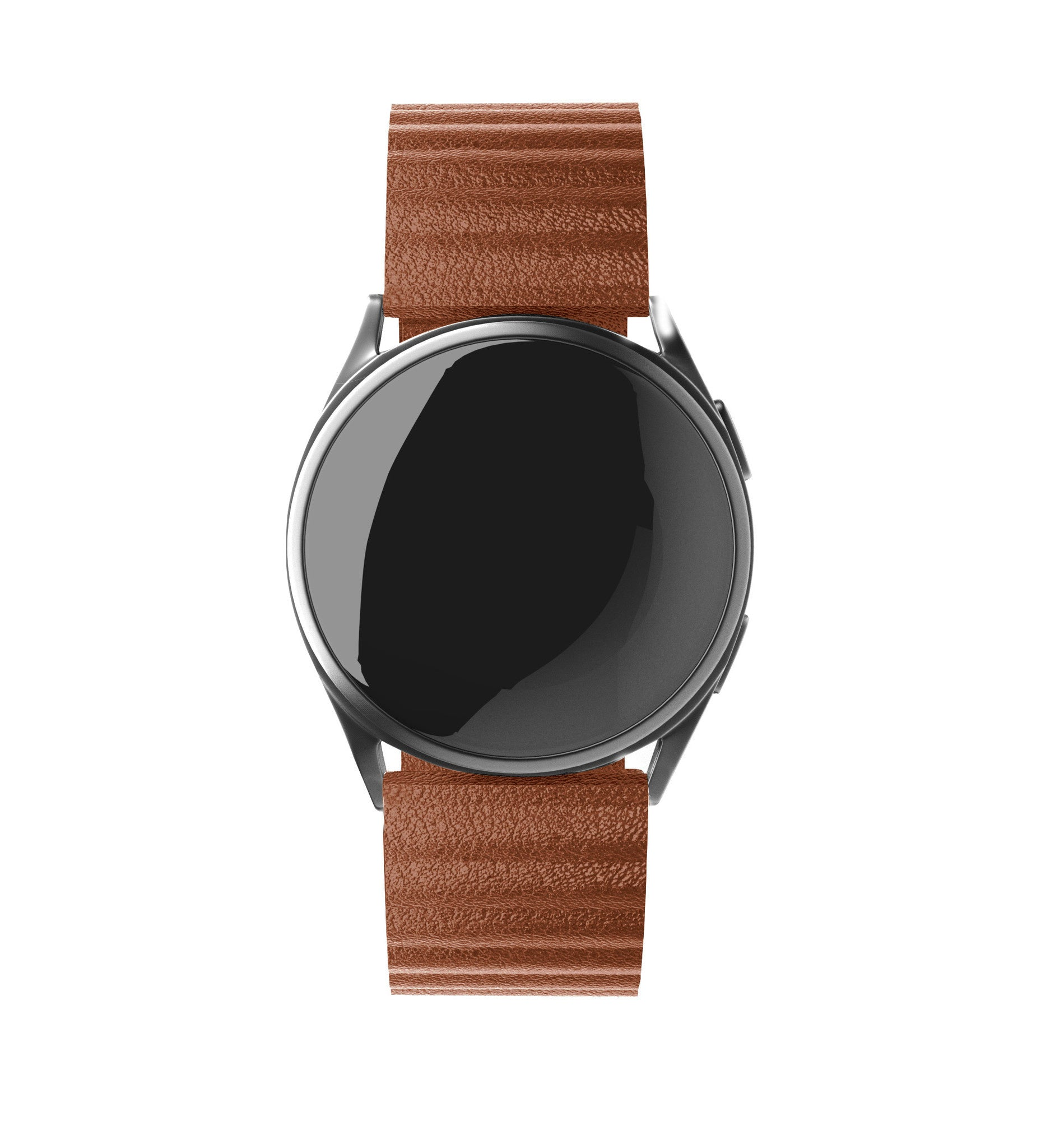 Eine Armbanduhr mit schwarzem Bildschirm und braunem Lederarmband wird vor weißem Hintergrund gezeigt.