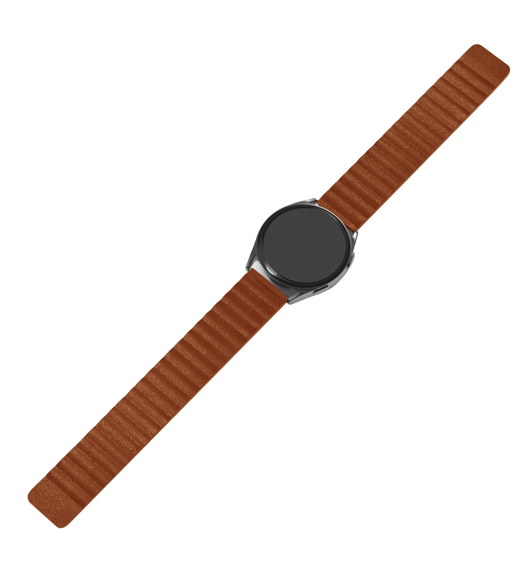 Ein braunes Lederarmband mit einem schwarzen Zifferblatt. Der Hintergrund ist weiß.