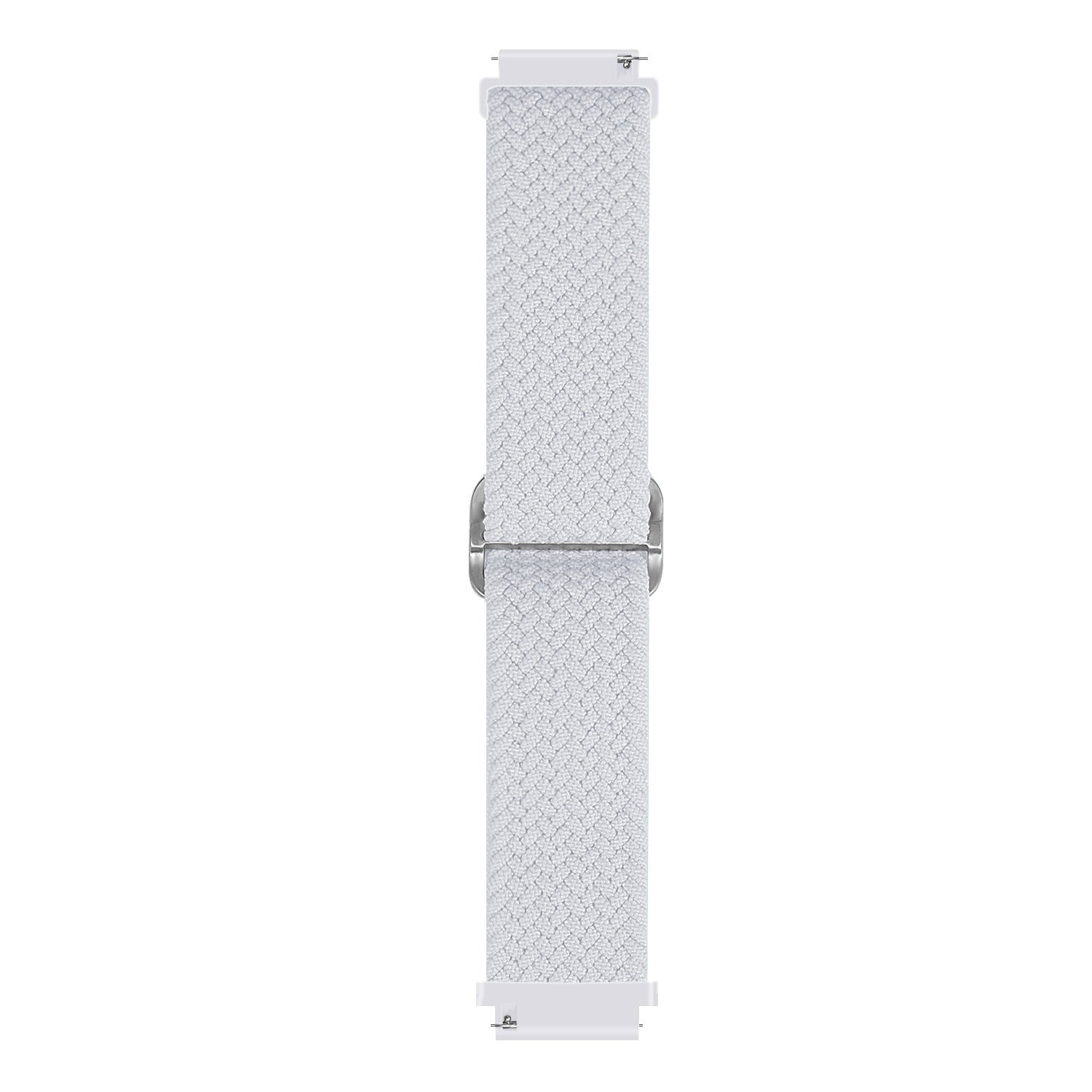 Ein weißes Uhrenarmband mit gewebter Textur. Es hat Metallschnallen und -anschlüsse. Der Hintergrund ist schlicht weiß.