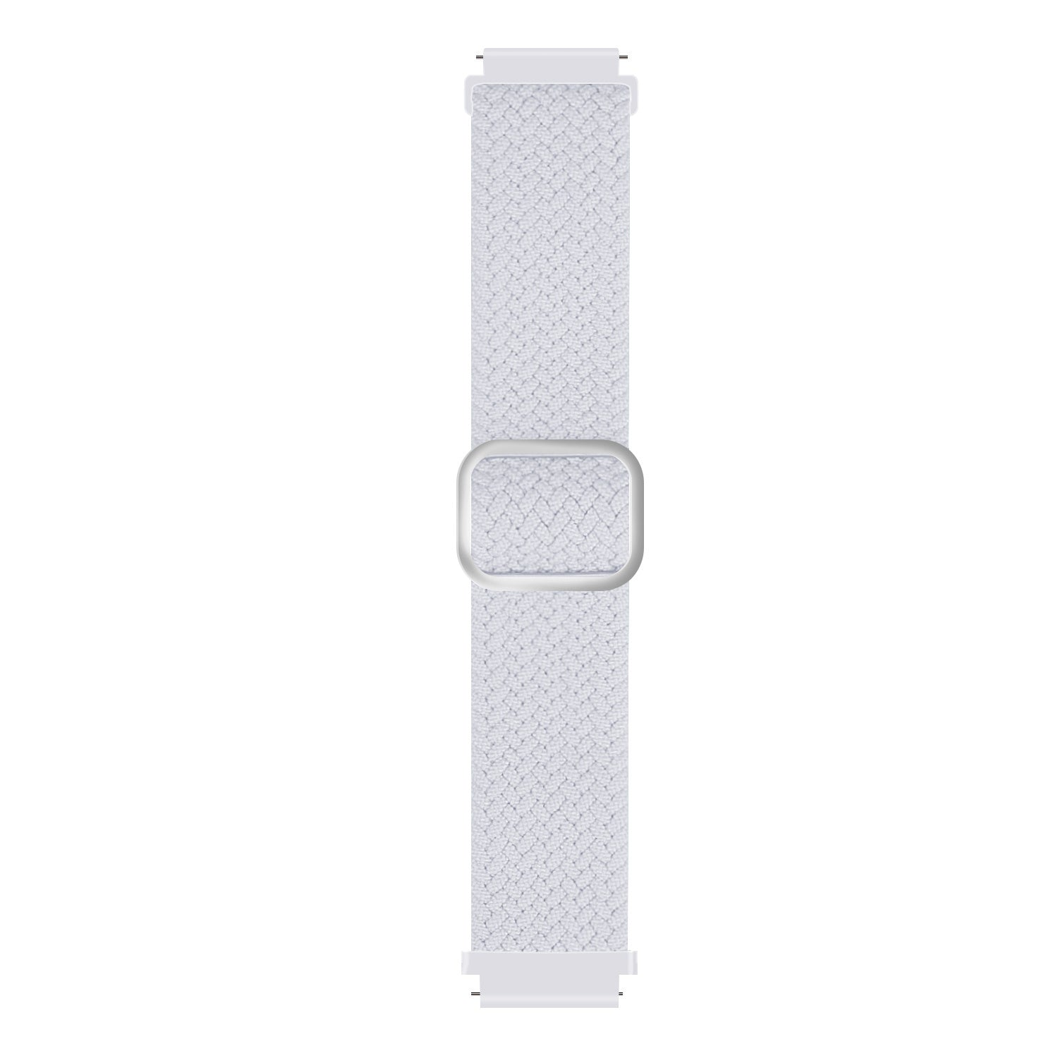 Ein weißes Uhrenarmband mit strukturiertem Muster und einer silbernen quadratischen Schnalle auf weißem Hintergrund.