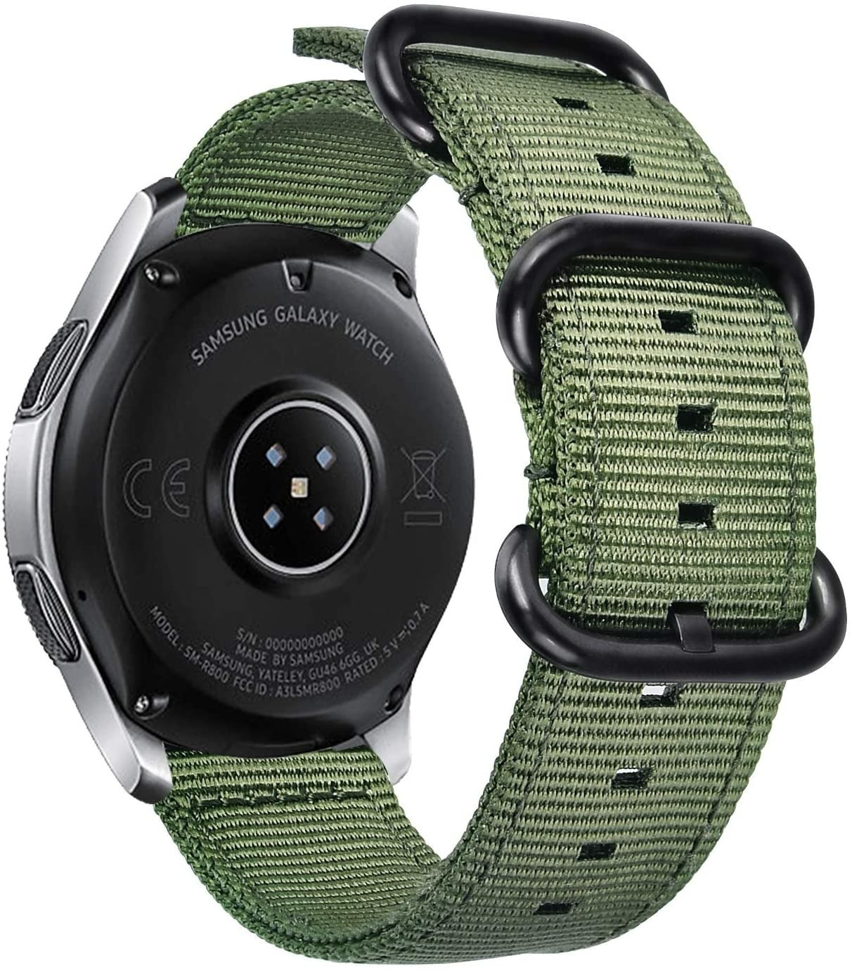 Eine Samsung Galaxy Watch mit grünem Nylonarmband. Die Rückseite der Uhr ist schwarz, das Armband hat schwarze Metallschlaufen.