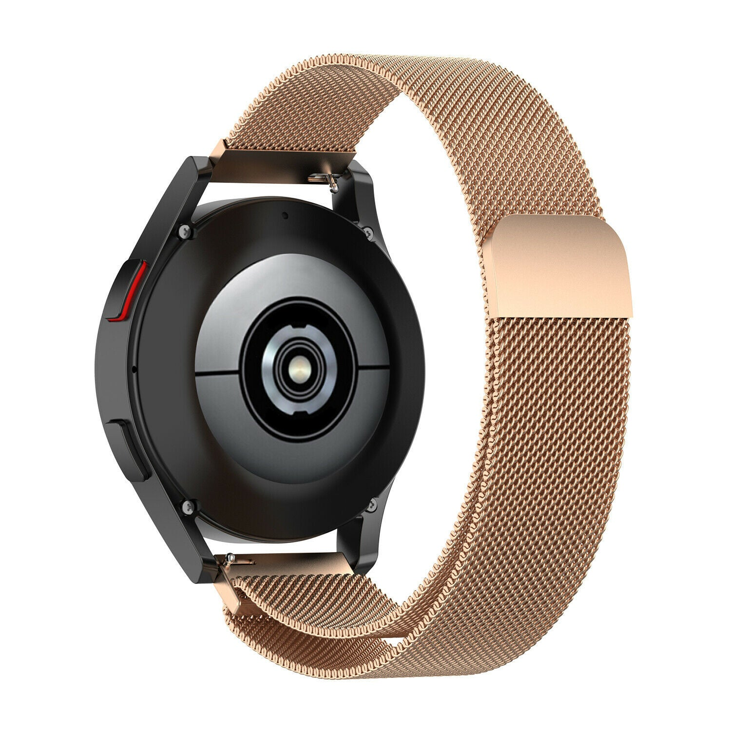 Eine schwarze Smartwatch mit einem bronzefarbenen Mesh-Armband. Die Uhr zeigt ihre Rückseite mit Sensoren. Das Armband ist geschlungen.