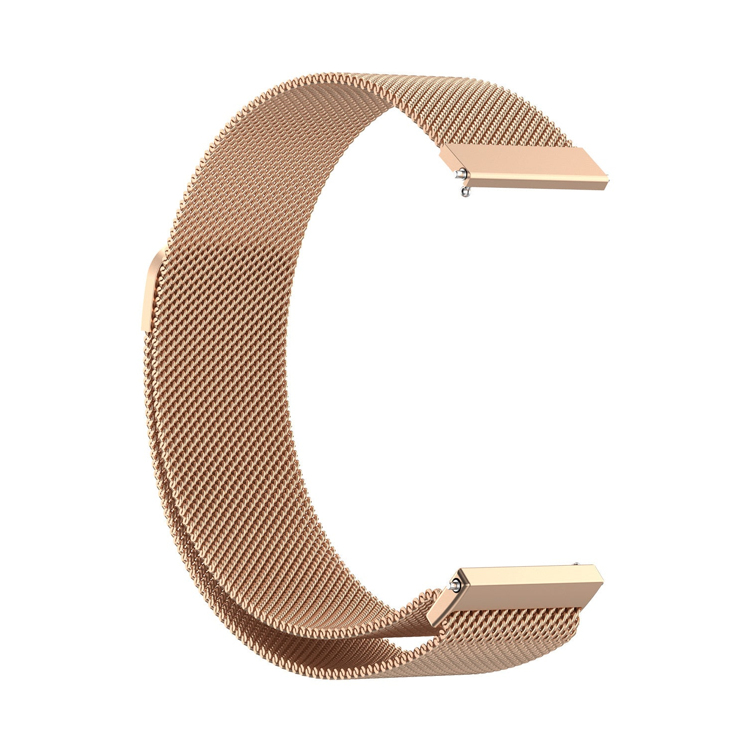 Roségoldenes Uhrenarmband in C-Form. Es besteht aus feinem Mesh und hat rechteckige Verschlüsse an jedem Ende. Weißer Hintergrund.