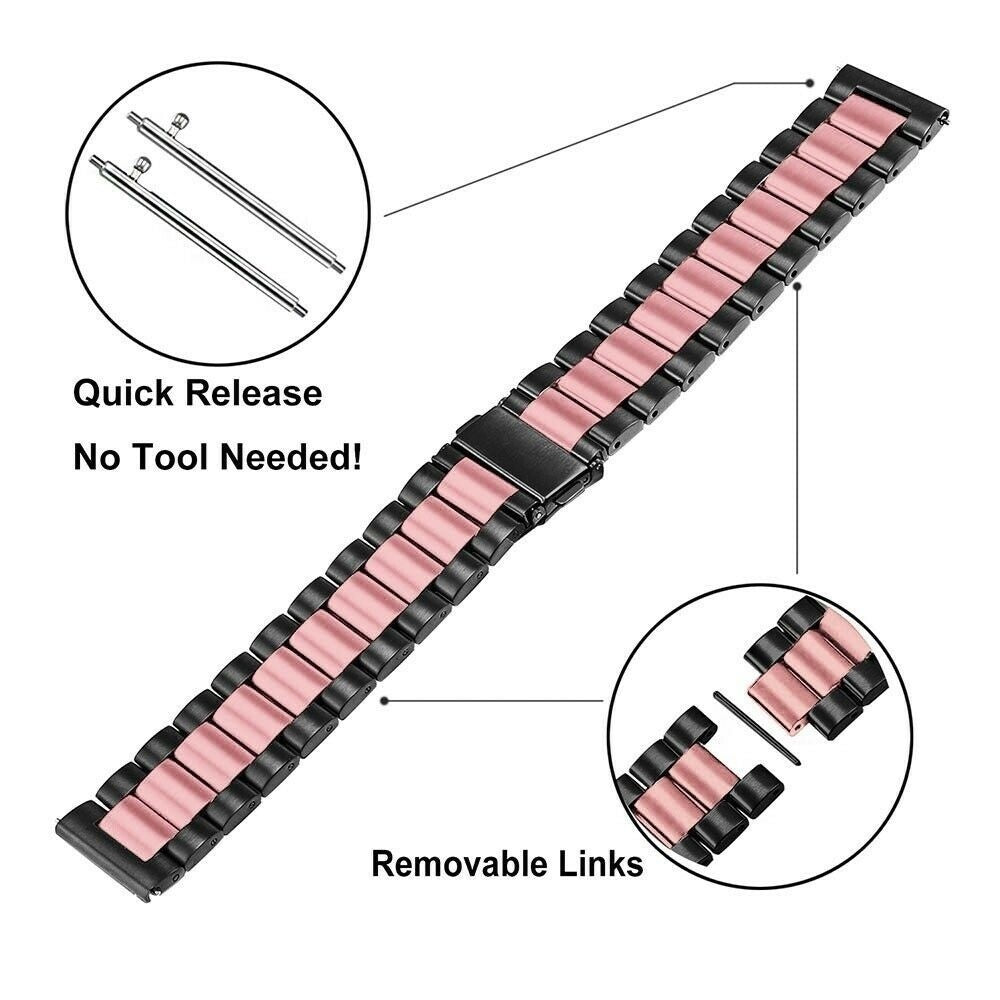 Uhrenarmband mit schwarzen Gliedern und rosafarbenen Mittelgliedern, beschriftet mit 'Quick Release' und 'Removable Links'.