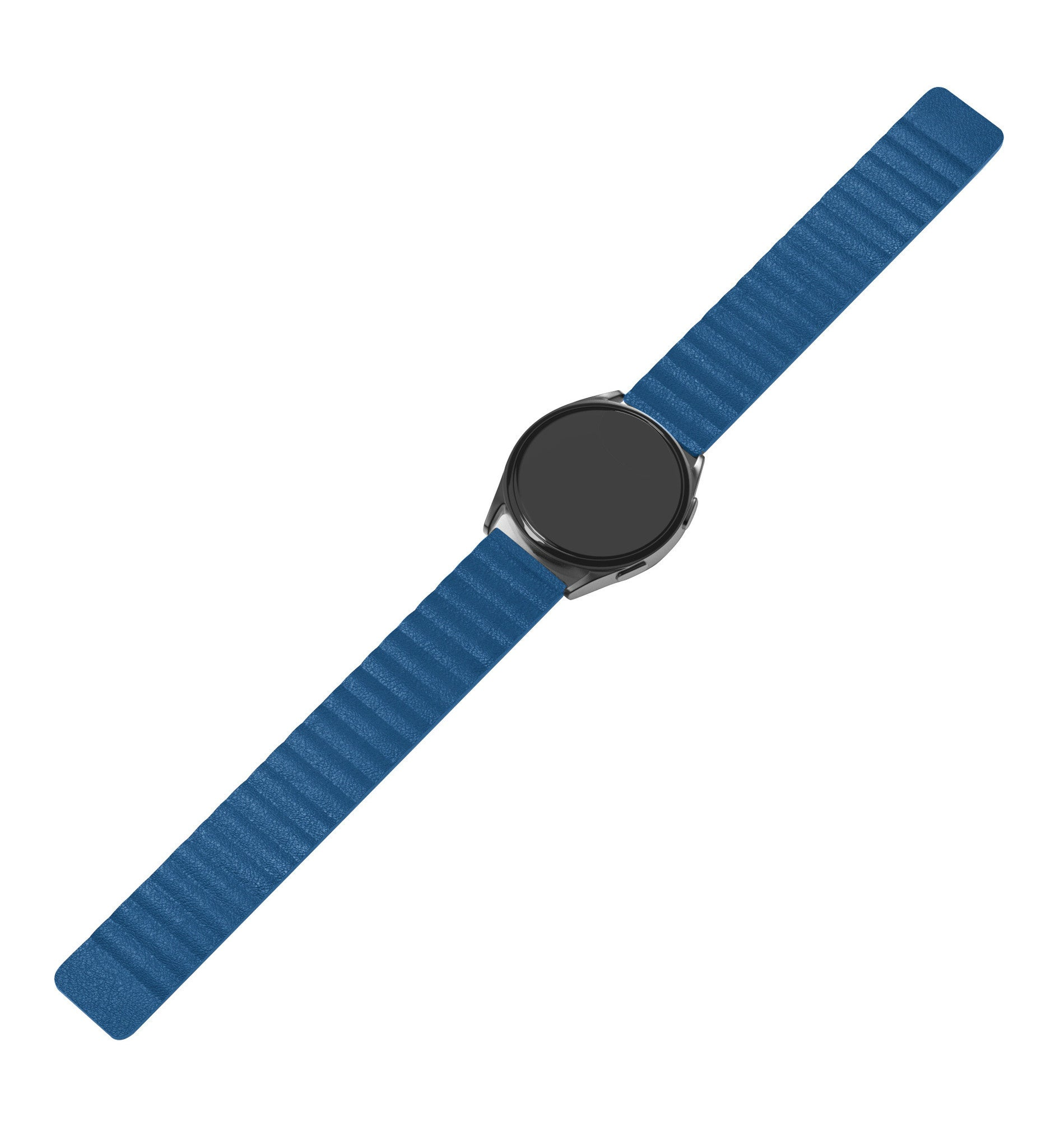 Eine Smartwatch mit blauem Armband. Das Zifferblatt ist schwarz und das Armband strukturiert blau. Der Hintergrund ist weiß.