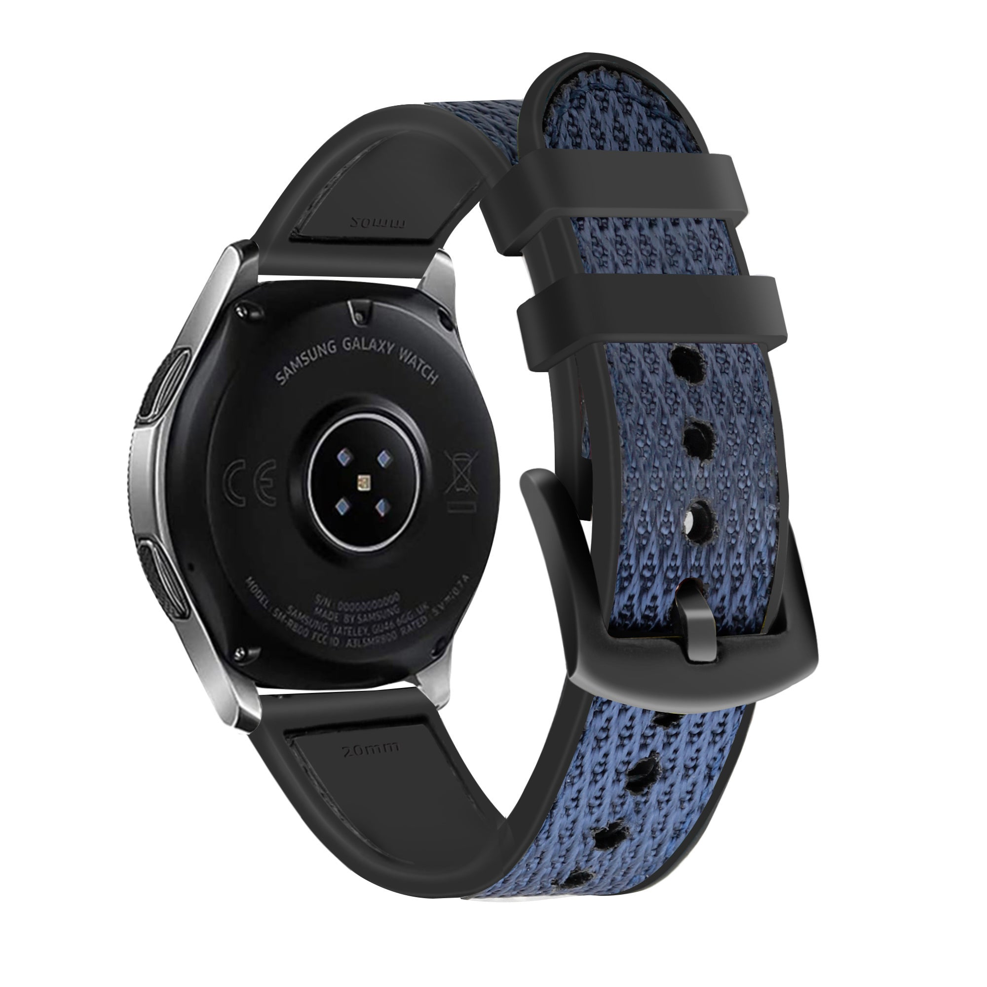 Samsung Galaxy Watch mit blauem und schwarzem Armband. Die Rückseite der Uhr ist schwarz.